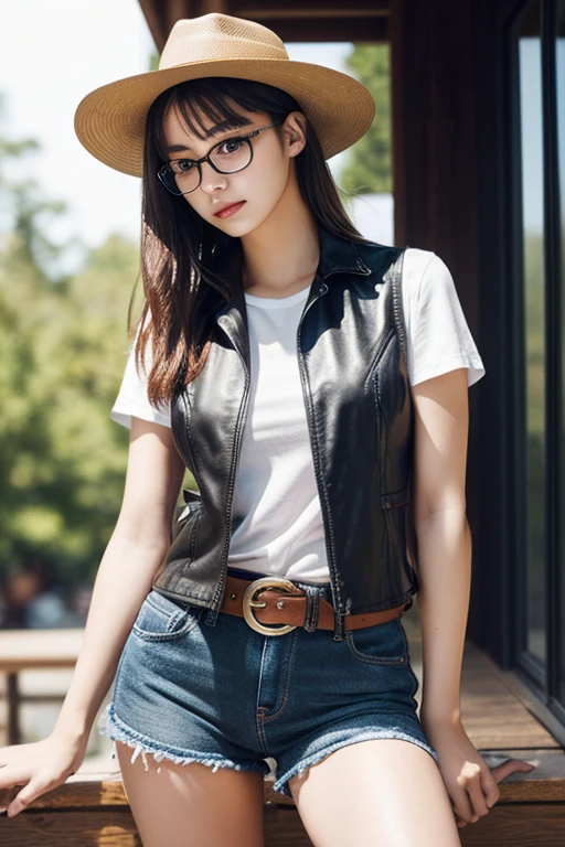 ((Perfect Anatomy)) ,Masterpiece,Ulzan 6500,(Realistic, photoRealistic),The story is set in the American frontier, where a beautiful 20-year-old woman in a cowboy hat looks great on her and is a skilled female sheriff who takes down the bad guys from the movie "A Gunfighter in the Sunset Strip.",He stands with his arms folded and his chin up in the middle of a dusty paved road lined with old, dilapidated wooden houses.,(The sheriff's badge glows dully.),(He was wearing a worn-out, tattered dress shirt, a shiny black leather vest, slim jeans, western boots, and a cowboy hat.),A muscular coke bottle body with a proud F cup bust and firm hips, (((A serious-looking female sheriff in an old cowboy hat is kneeling and picking up a gun.))),4K full-body shot from the side,Wild West cityscape,wasteland,Gunslinger Costume,(A beautifully engraved gun belt is worn around the waist.:1.3),(Gun Holster:1.3),The long-barreled revolver she's holding suits her well.,Clear Skin,(In 8K, RAW Photos, highest quality, Tabletop),Red sunset,Cinema Lighting,(Realistic, Photorealistic),