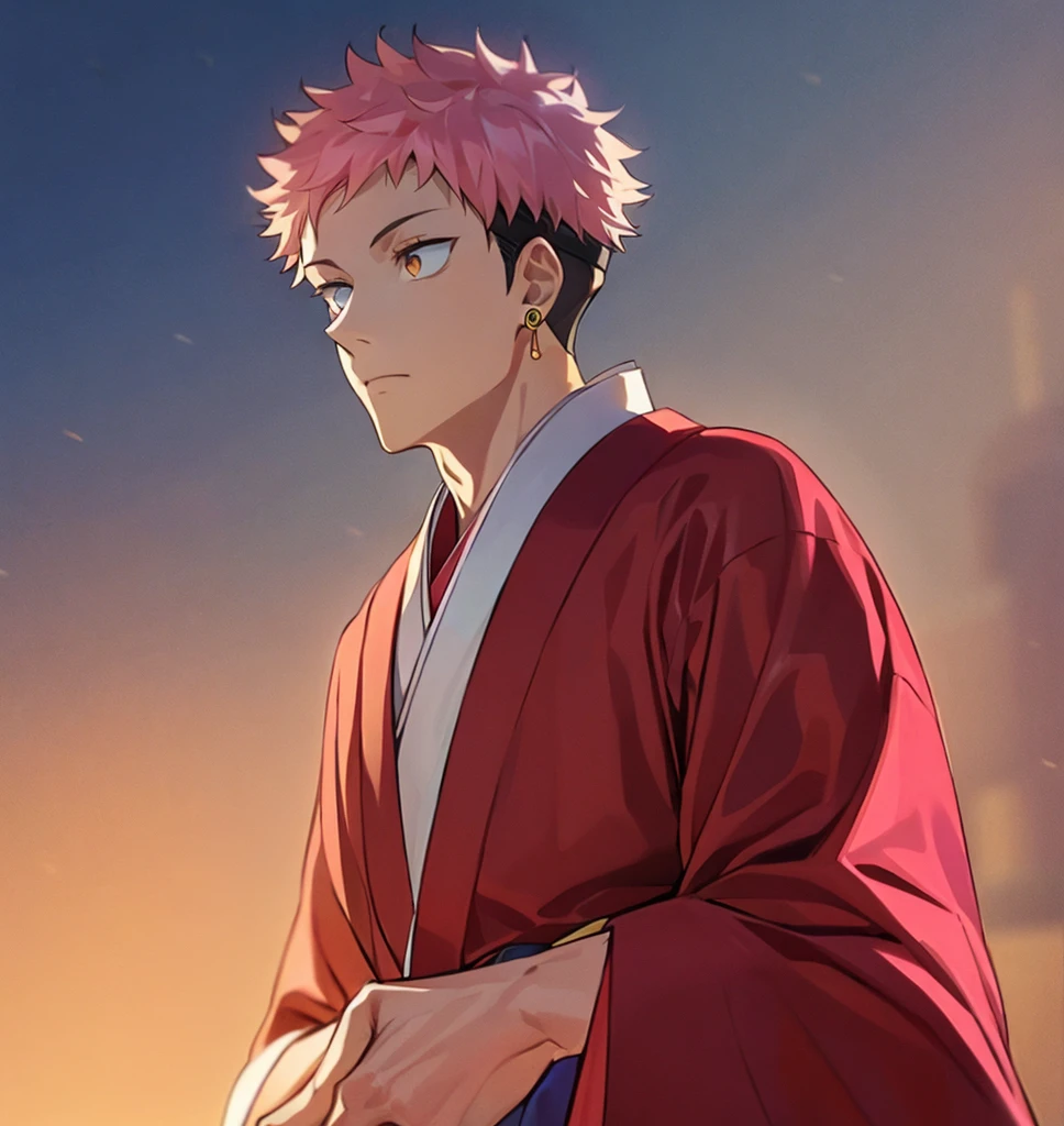 1 man, itadori yuji, Pink hair, Long dress Decorated, Japan,  pink Japanese dress,  golden eyes, large gold earrings, hair ornament, Jewel, hair bands,  Hair clip ,  hair flower, man, Shogun .

 High resolution , anime style,  Japan,  masterpiece , brilliance.