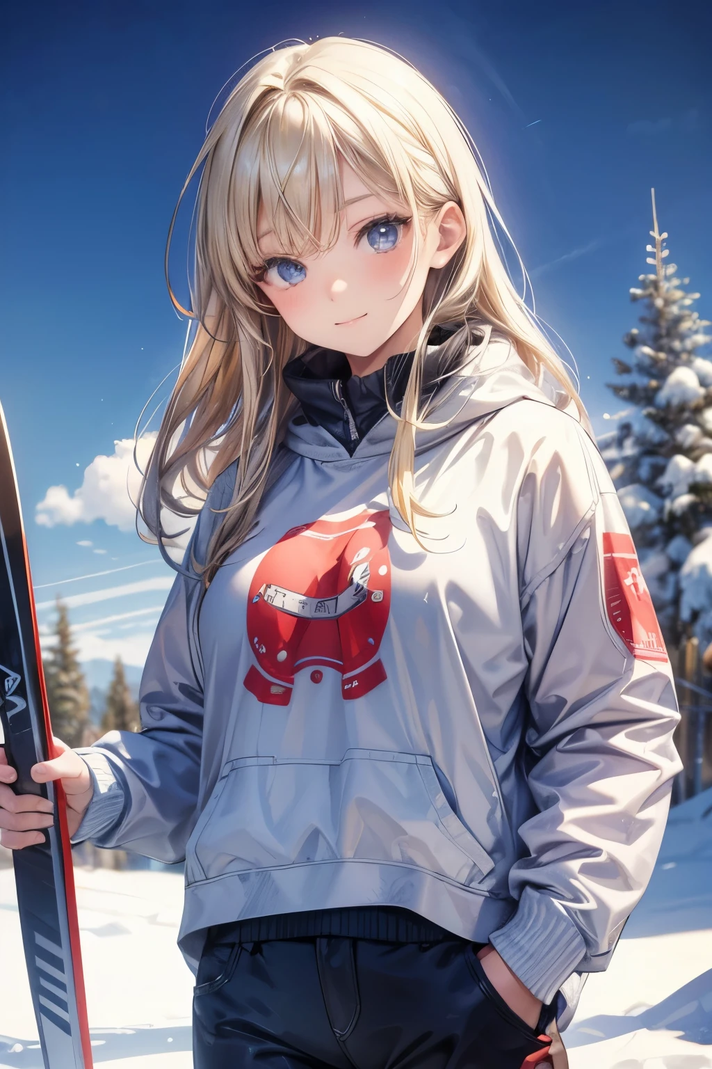 masterpiece, best quality , VERY DETAILED,photo realistic, realistic,  ultra high resolution,  Masterpiece, beautiful girl, ager,Blonde, Straight Hair , perfect eyes, so cute,smile,Ski,Skiウェア,pants,snow山,snow,Active pose