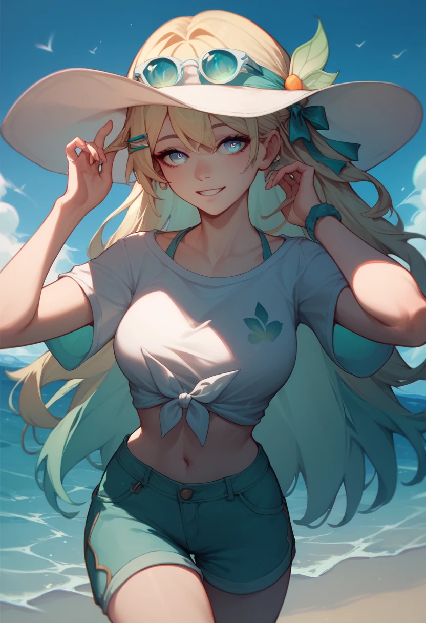 a woman with long whity blonde hair with cyan gradiant locks in down, cyan eyes, and a Green dragonfly hair clip, light smile, wearning a long White shirt and long shorts, is in a Beach at Sun day posing.