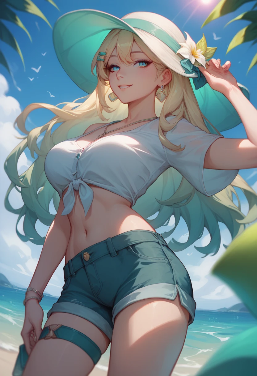 a woman with long whity blonde hair with cyan gradiant locks in down, cyan eyes, and a Green dragonfly hair clip, light smile, wearning a long White shirt and long shorts, is in a Beach at Sun day posing.