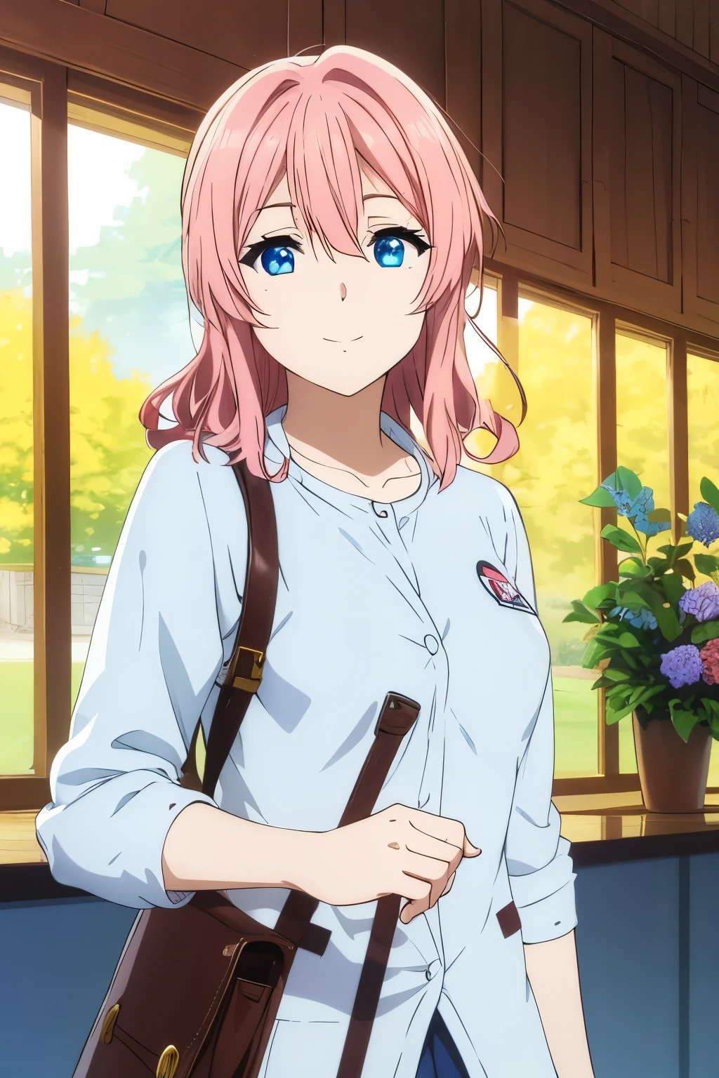 high quality, definition, light smile, a university student, pink hair, blue eyes, wears everyday clothes, has a simple manner but a mature personality, detailed, defined, character sheet full - len, Ficha de personagem em tamanho completo,