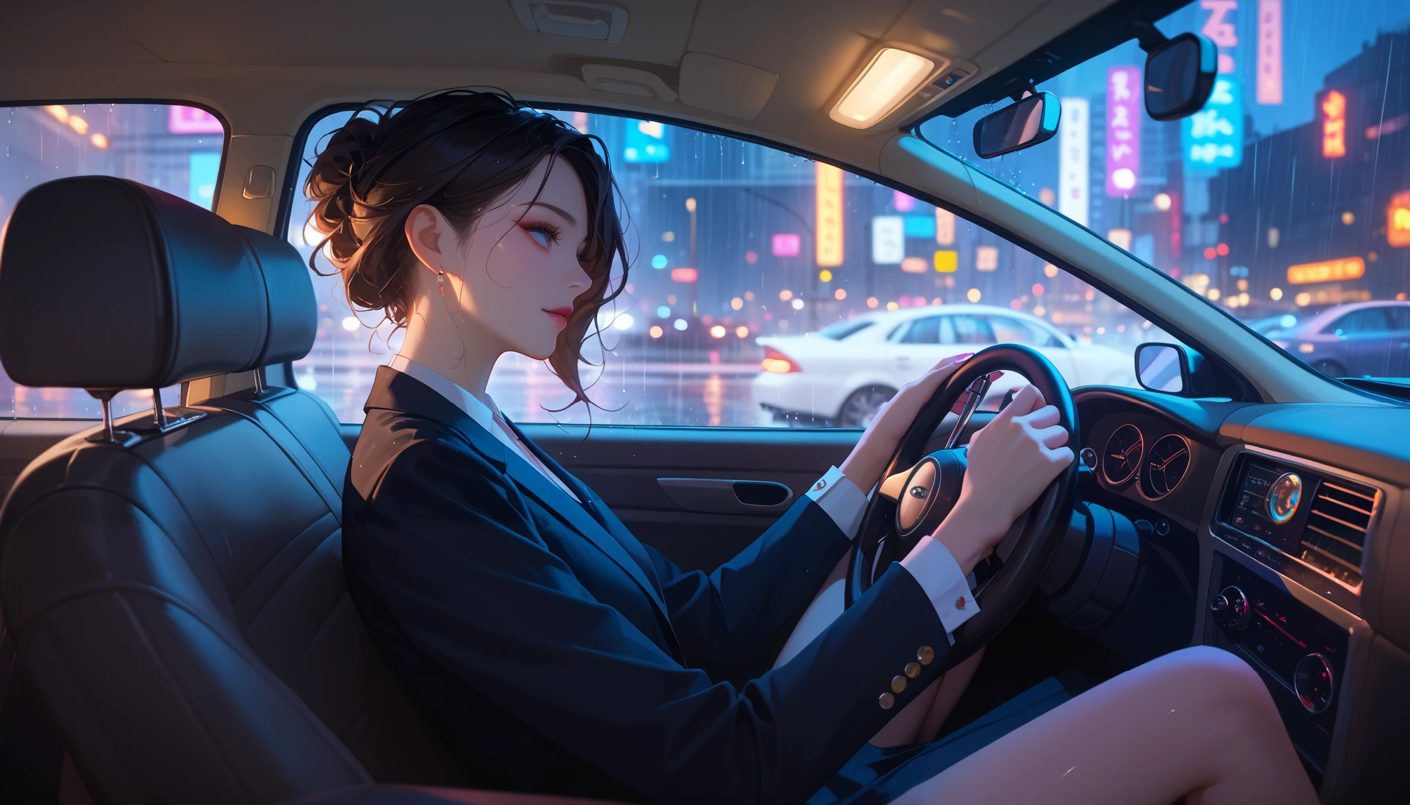 a woman inside a standard car, viewed from a side angle. She is wearing an all-black outfit, looking elegant and reflective, with both hands on the steering wheel. The background shows a rainy city in the afternoon, with raindrops on the windows and blurred city lights outside. The focus is on her thoughtful expression, with a cozy and reflective atmosphere inside the car."