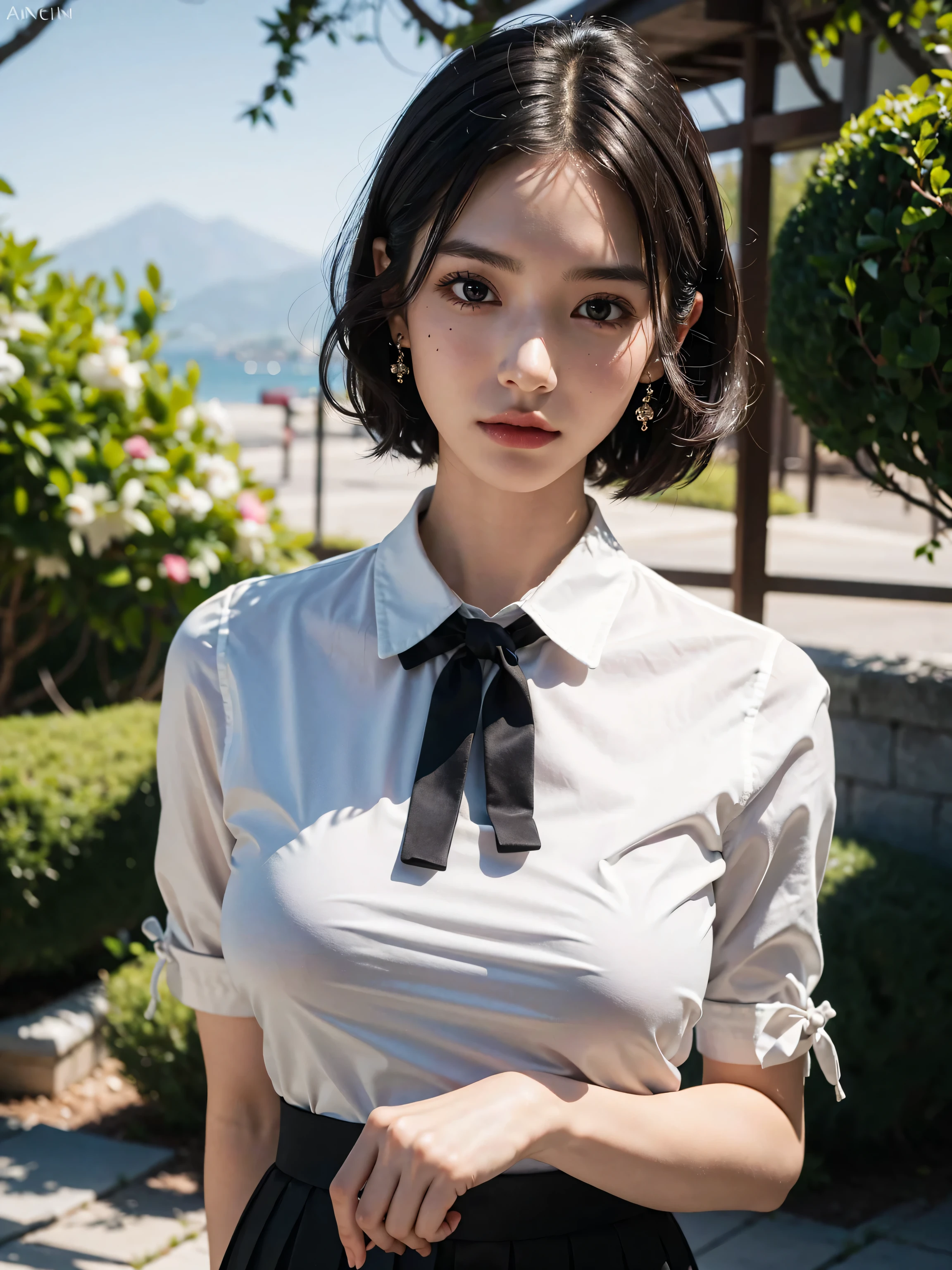 (Raw photography、beste Quality)、(Realstic、photorealestic:1.2)、Close-up portrait photography、a 1 girl、Rooftop café in a shopping mall、out door、Cool face、(high-detail skin:1.4)、Gorgeous hair、Air bangs、Brown black hair、White sheer shirt and bow tie、bright red pleated skirt、Soft lighting、hig quality、((massive underboob))