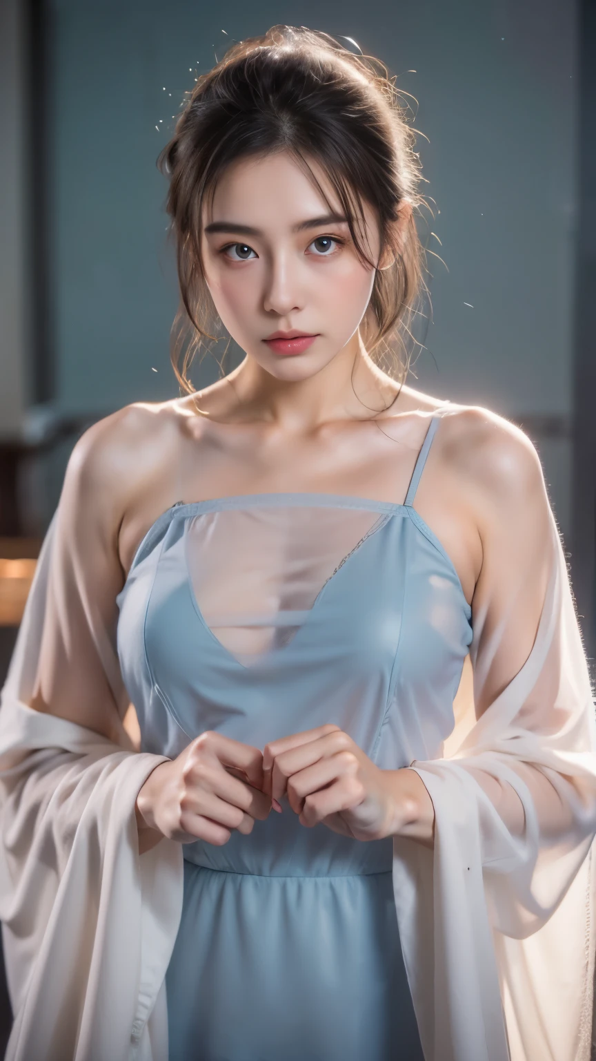 (((locker room:1.3))),(((Changing room 1.3))),(((Uniforms hanging on hangers:1.3))),((Swimsuit change:1.7)),(((White one piece swimsuit))),Cute face,Extreme close up of face,Shiny light brown and orange striped short hair,Perfect round face,iris,(hairpin、Floating Hair、),Large Breasts.Professional Lighting,Cinematic Light,(Tabletop,highest quality,Ultra-high resolution output images,) ,(8K quality),(Picture Mode Ultra HD),