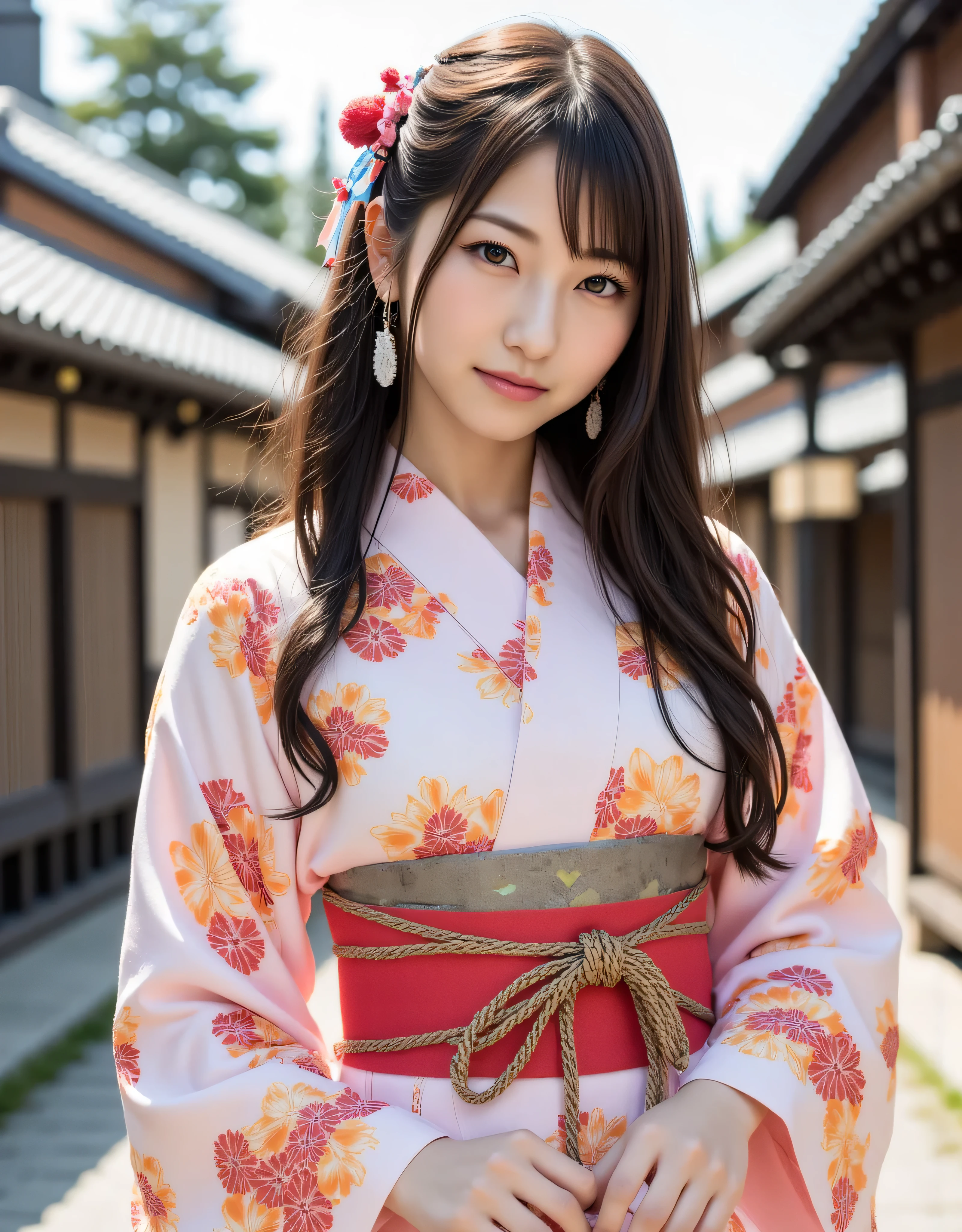((( best quality )))、((('s greatest masterpiece)))、Beauty Painting、 8k、 beautiful woman:20 years old: Exact Anatomy、 beautiful faces、 beautiful hair、 beautiful eyes、 beautiful breasts、 beautiful body、 Beautiful Legs、( beautiful patterned and colored yukata)、Kyoto city 、best hair and skin texture、 photorealistic sticks 、 natural light、 high resolution image 、Overall view of the body、 with a person、