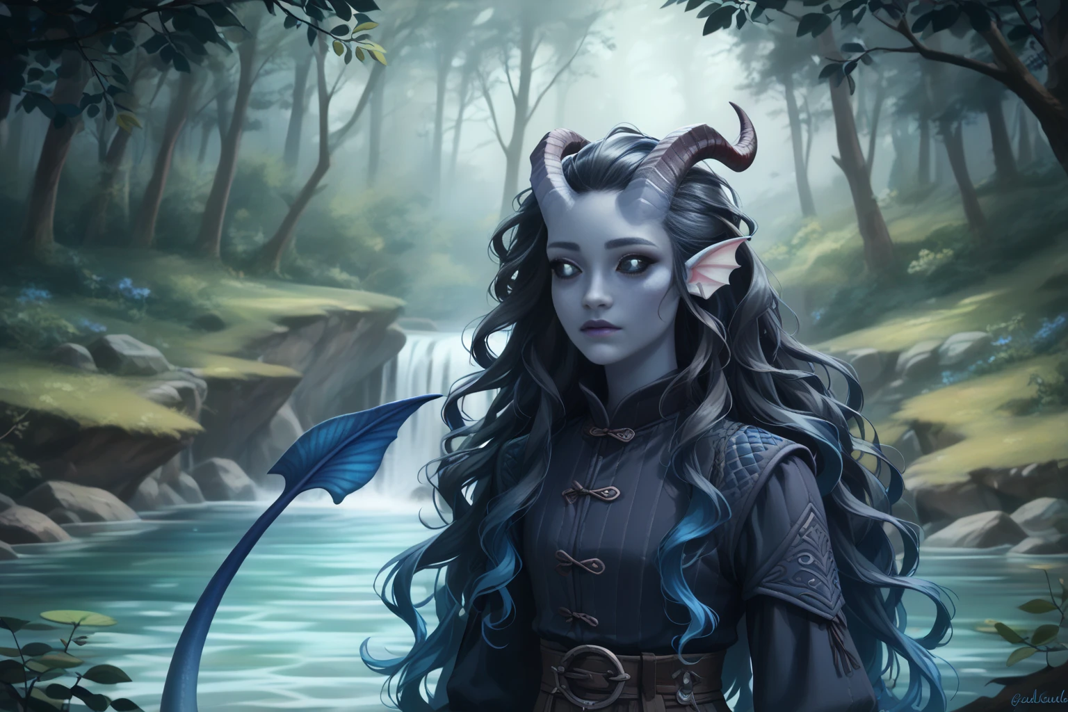 (cedar ), (1Тiefling ,  dark blue-gray skin :1.6), (because of the tree, the growing edge of the frame on the right looks out towards the empty glade in the center of the frame:1.5), ( very thick long tiefling dragon tail :1.5), ( long black flowing hair with dark blue tips:1.4), ( the bright blue-black pigmentation on the face :1.5), (blue-black freckles :1.2), (small fins on the head:1.5), ( bright blue-grey pupils,  black eyes :1.4), ( blue-black pigmentation on the skin :1.5), ( dark grey straight short horns ), ( blue and black pigmentation on the tail :1.5), (kind face), (curiosity ), (35 years old:1.5), ( Adult girl:1.3) , (Deep look:1.2), [the raincoat at the waist ], (you can see pigmentation on his shoulder ), (chainmail), (tail protection), (tail behind ), ( medieval dark uniform canvas fur pants with fur on the legs :1.2), ( top quality ), ( masterpiece fails), [ is a large forest lake with calm waters], [ reflections of clouds and trees in the water], [koi carps fish in water ], ( highest detail), [ against the background of a deep thorny forest ,  prickly impassable black trees , a mountain cliff , water], ( against the background of a thicket ), [ against the background of a mountain stream ],  fantasy background, blue tones, Dark tones, dark shades,  muted colors. 
