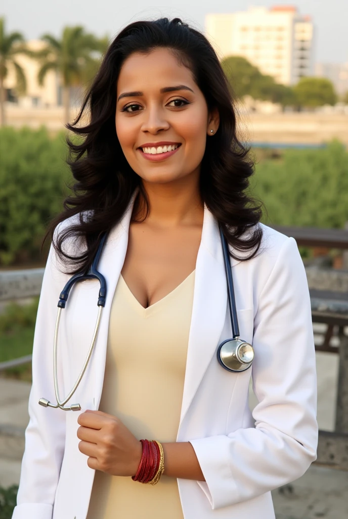 An elegant Indian woman with a confident smile, radiating warmth and inspiration. She wears a crisp white doctor's coat over a pastel blouse, accessorized with subtle gold jewelry and traditional red bangles symbolizing her married status. A sindoor on her forehead adds to her cultural identity. Her long, wavy hair flows effortlessly, reflecting her modern yet rooted personality. Casually holding a stethoscope, she stands as a symbol of dedication and style. The softly blurred background features a mix of greenery and a modern cityscape, bathed in golden sunlight, capturing her dual identity as a compassionate doctor and an influential lifestyle icon. A perfect blend of tradition, professionalism, and influencer charm with large breasts.