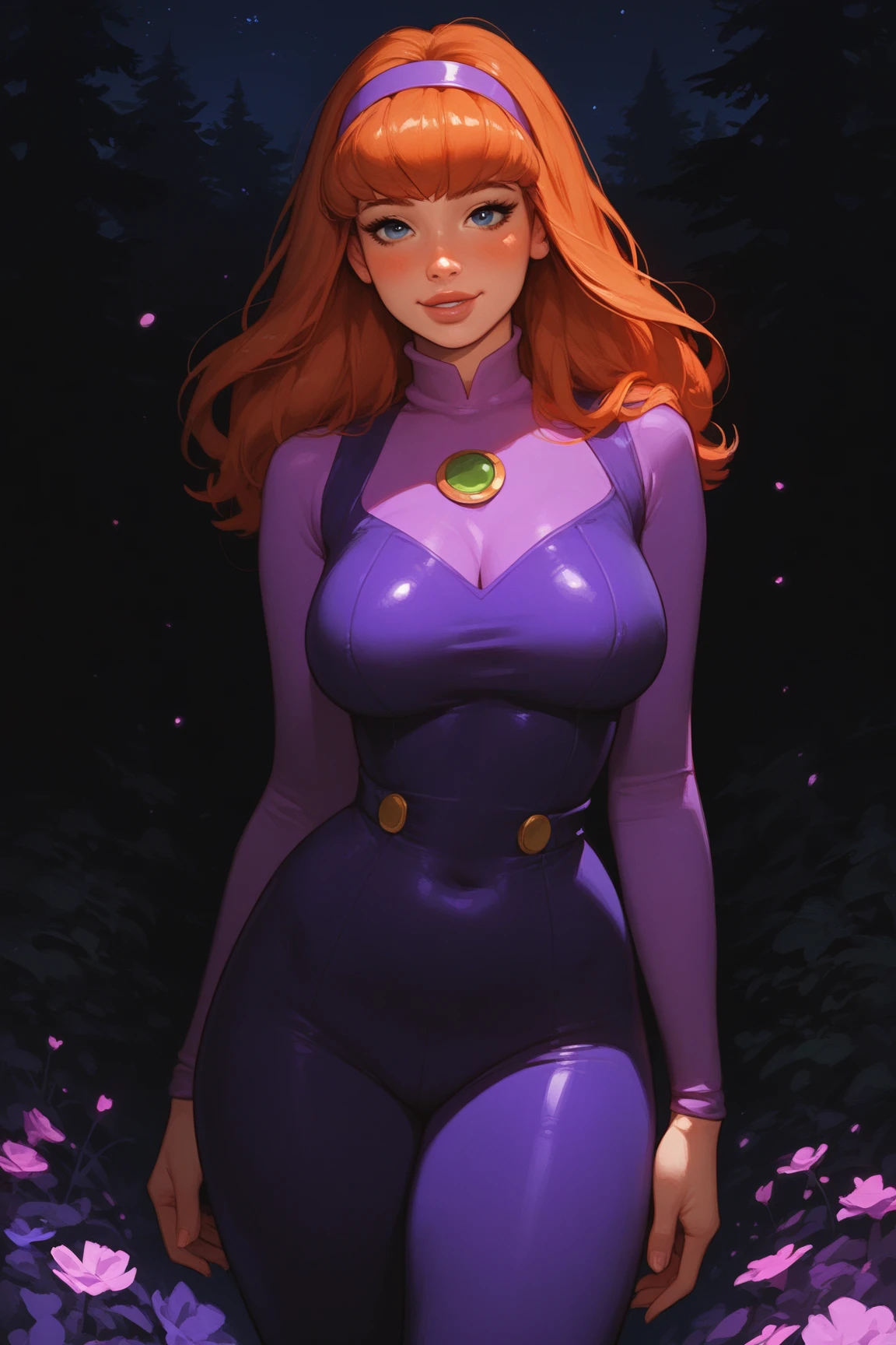 UHD 8K scene, hyper-real photo quality, beautiful young woman, red hair, bright blue eyes, short Glossy enamel pink dress with thief outfit, purple hooded cape, character Sheila from Dungeons and Dragons, in the middle of a forest