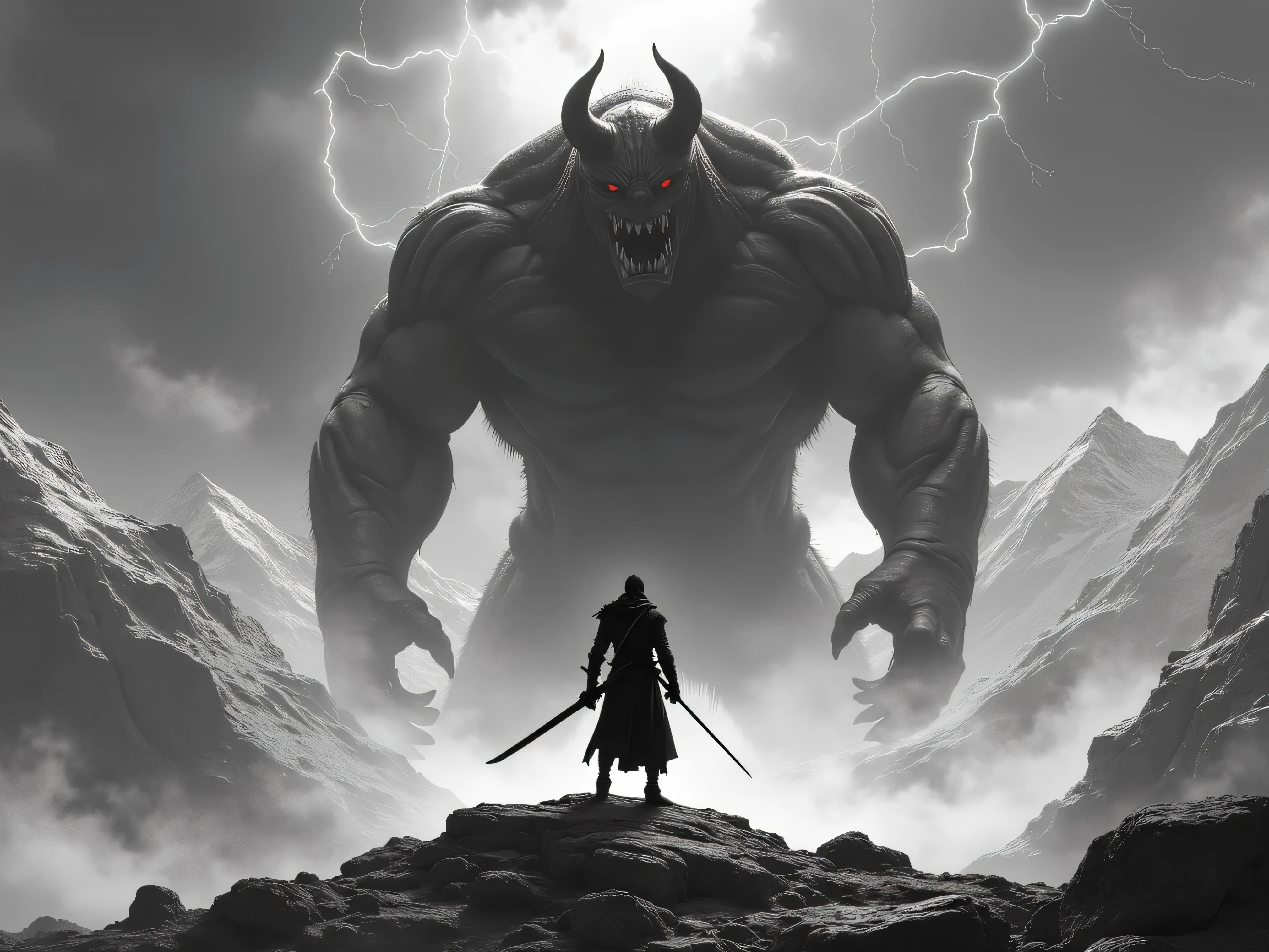 Climactic scene, a samurai with his katana standing in a field facing a distant massive skeletal dragon roaring, glowing eyes, scaled muscular arms sharp claws, ready to start fight, intense scene, fire and air flows, embers, 8k ultrafine detail, attack on titan style, masterpiece, cinematic,(size difference),