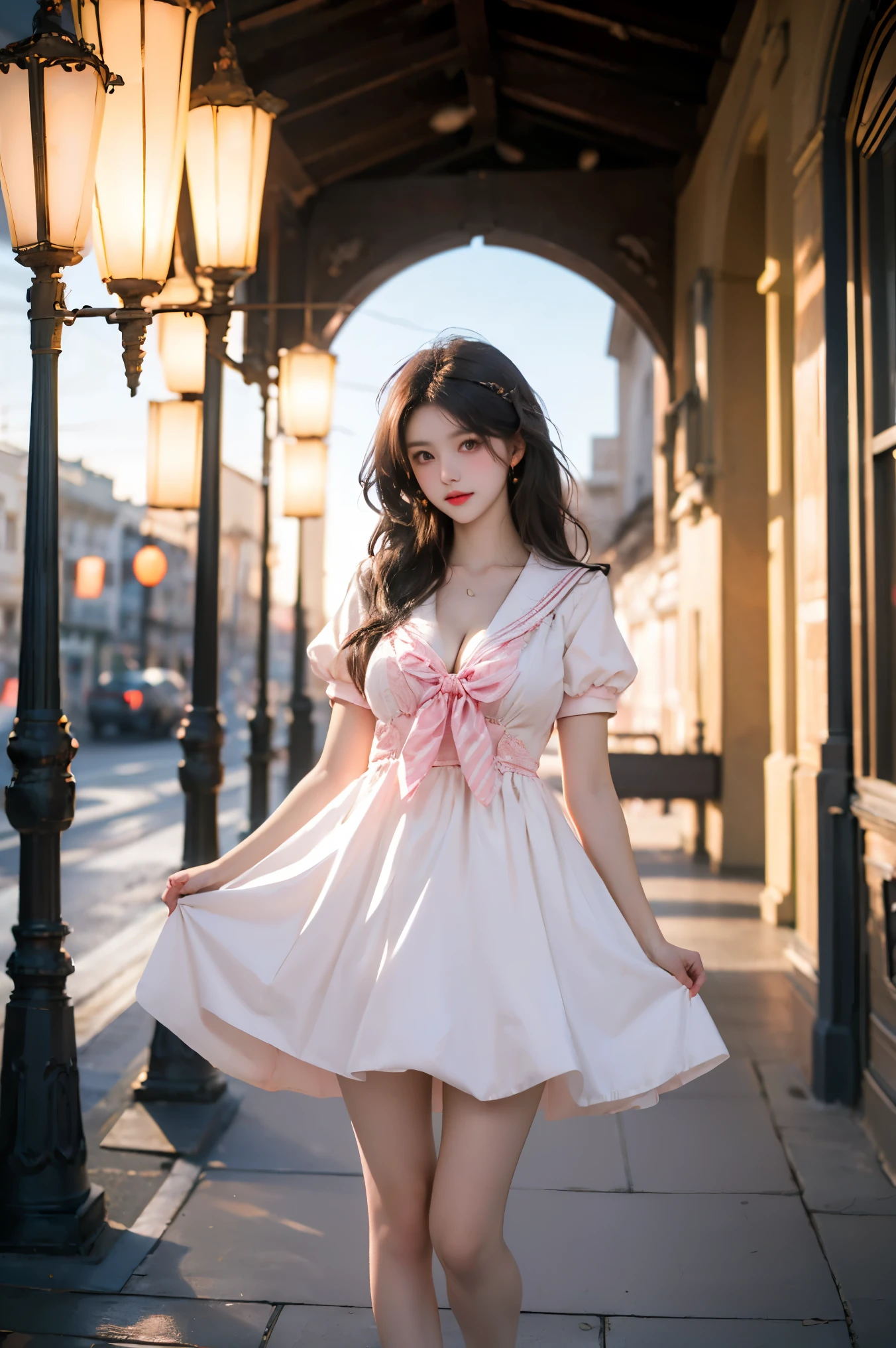 bow,pink dress,short sleeves,sailor collar, ((Portrait-oriented, focusing on the subject's body above the calves)), (from below:1.2), (Full chest, deep V-neck, visible cleavage), (I-type Valley), (Very short hemline, revealing smooth thighs), Realistic beautiful woman, sexy long-legged model, standing gracefully with elegance.     The model's pose features a slight knee bend on one leg, while one hand elegantly lifts the hem of her skirt up to her thigh.   soft natural makeup, and her hair flows beautifully in the gentle breeze.  Photorealistic lighting and shadows, high detail, 4K resolution.