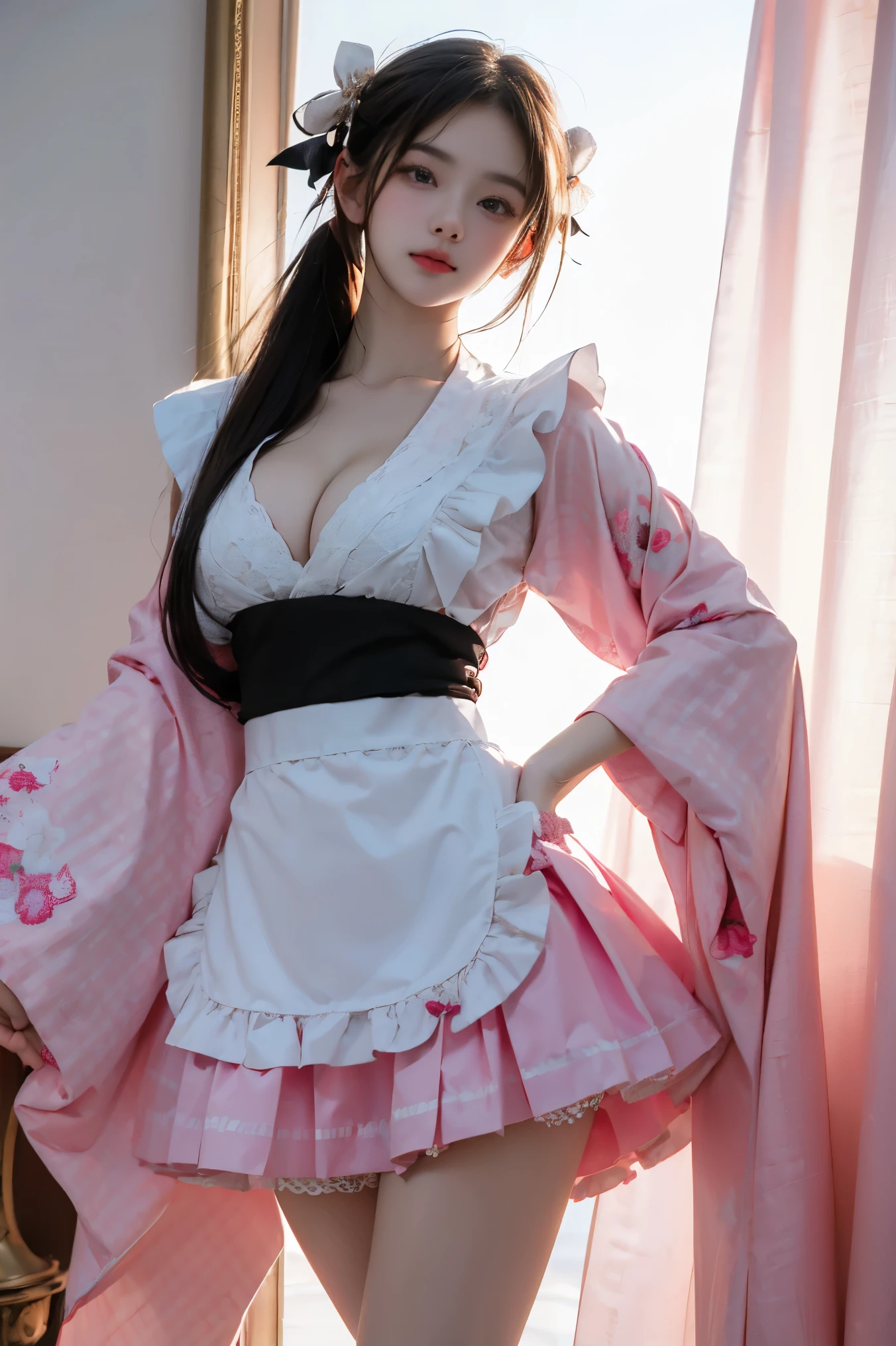 kimono,apron,bow,puffy sleeves, ((Portrait-oriented, focusing on the subject's body above the calves)), (from below:1.2), (Full chest, deep V-neck, visible cleavage), (I-type Valley), (Very short hemline, revealing smooth thighs), Realistic beautiful woman, sexy long-legged model, standing gracefully with elegance. The model's pose features a slight knee bend on one leg, while one hand elegantly lifts the hem of her skirt up to her thigh. soft natural makeup, and her hair flows beautifully in the gentle breeze. Photorealistic lighting and shadows, high detail, 4K resolution.