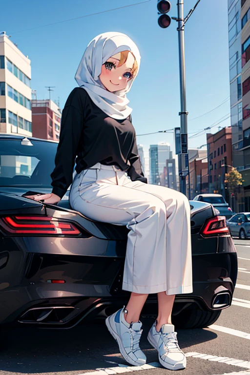 anime style, A beautiful girl wearing a neat hijab with not a single hair sticking out, sitting on the hood of a black sports car, ideal body shape, wearing a white hijab, long black shirt, long black trousers, with white sneakers, wearing smiling expression, how many on the edge of a busy city, with a clear and bright sky in the morning