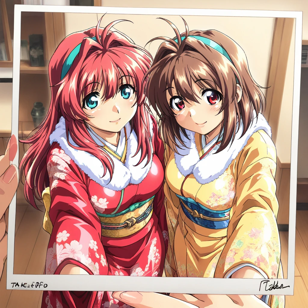 masterpiece, best quality, Polaroid Photo Generator, two girls, 
FujisakiShiori, long hair, red hair, red eyes, breasts, hairband, retro artstyle,
HinomotoHikari, short hair, red hair, blue eyes, breasts, retro artstyle,
Furisode with fur, happy, smile, Coming-of-age ceremony photo,