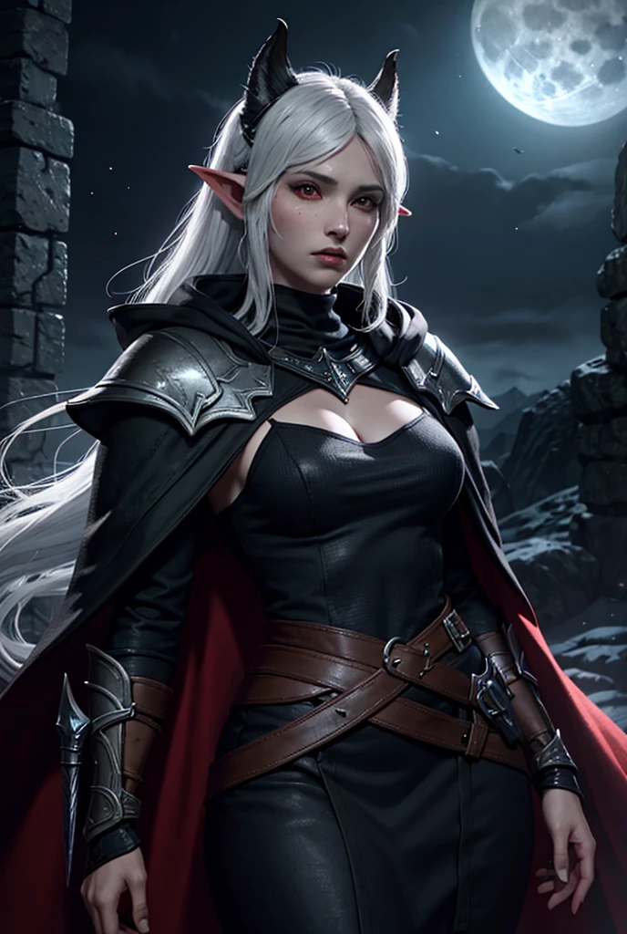 Dark elf girl (from Skyrim), blue-black skin, with long white hair and red eyes in black cloak and short black dress in the moonlight 