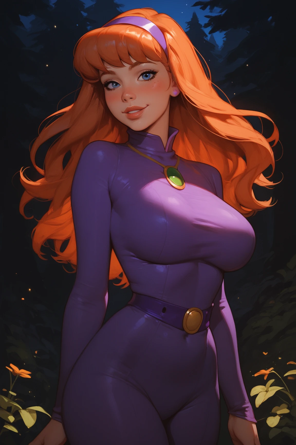 Generate an image of Daphne Blake from scooby-doo with medium orange hair and (((large breast:1,9))), green eyes, She is wearing purple dress, purple head bando and green scarf, Generate a background of detailed inside luxury haunted house with eerie lighting, creaky desks, and ghostly apparitions. Generate a dark and eerie scene with a frightening atmosphere. beautifull hand, pretty hand, hyperdetail, cg realistic, 8k, sharp eye, (from behind),,(masterpiece, best quality:1.2),(8k,highres,RAW photo,realistic,photo-realistic:1.3),(detailed skin texture,detailed cloth texture,beautiful detailed face:1.25),professional lighting,photon mapping,beautiful soft light,radiosity,physically-based rendering,model shoot style, model shoot style, (extremely detailed CG unity 8k wallpaper), full shot body photo of the most beautiful artwork in the world, complex 3d render ultra detailed, looking at viewer, 18 yo, wet hair, real human skin, vibrant details, hyperrealistic, beautiful, octane render, 8k, best quality, masterpiece, an extremely delicate and beautiful, extremely detailed ,CG ,unity ,wallpaper, (realistic, photo-realistic:1.37),Amazing, finely detail, masterpiece,best quality,official art, extremely detailed CG unity 8k wallpaper ,extreme detailed eyes, (perfect face), shiny skin, colorful, highest detailed, vibrant colors, ultra high res, (high contrast), intric