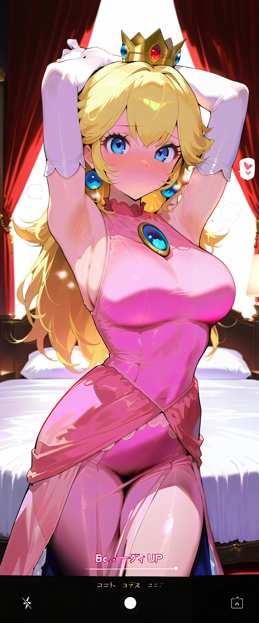 masterpiece, beautiful woman, adult female, cute, score_9, score_8_up , score_7_up , , rating_ general , 1girl , princess peach, pink dress, elbow gloves, crown, large breasts, source_anime, cowboy shot, full portrait, (slim, slender body, tight waist, toned body), (indoor, Aristocrat&#39;s Room, bedroom , Luxurious bed, dim), (full-face blush、speech bible:1.2), (lovely face, ecstacy, sweaty, be nervous, full blush), lovely hearts:1.4, throw, Sound effects:1.3, looking at viewer,  poorly drawn legs , Sweaty armpits, steam