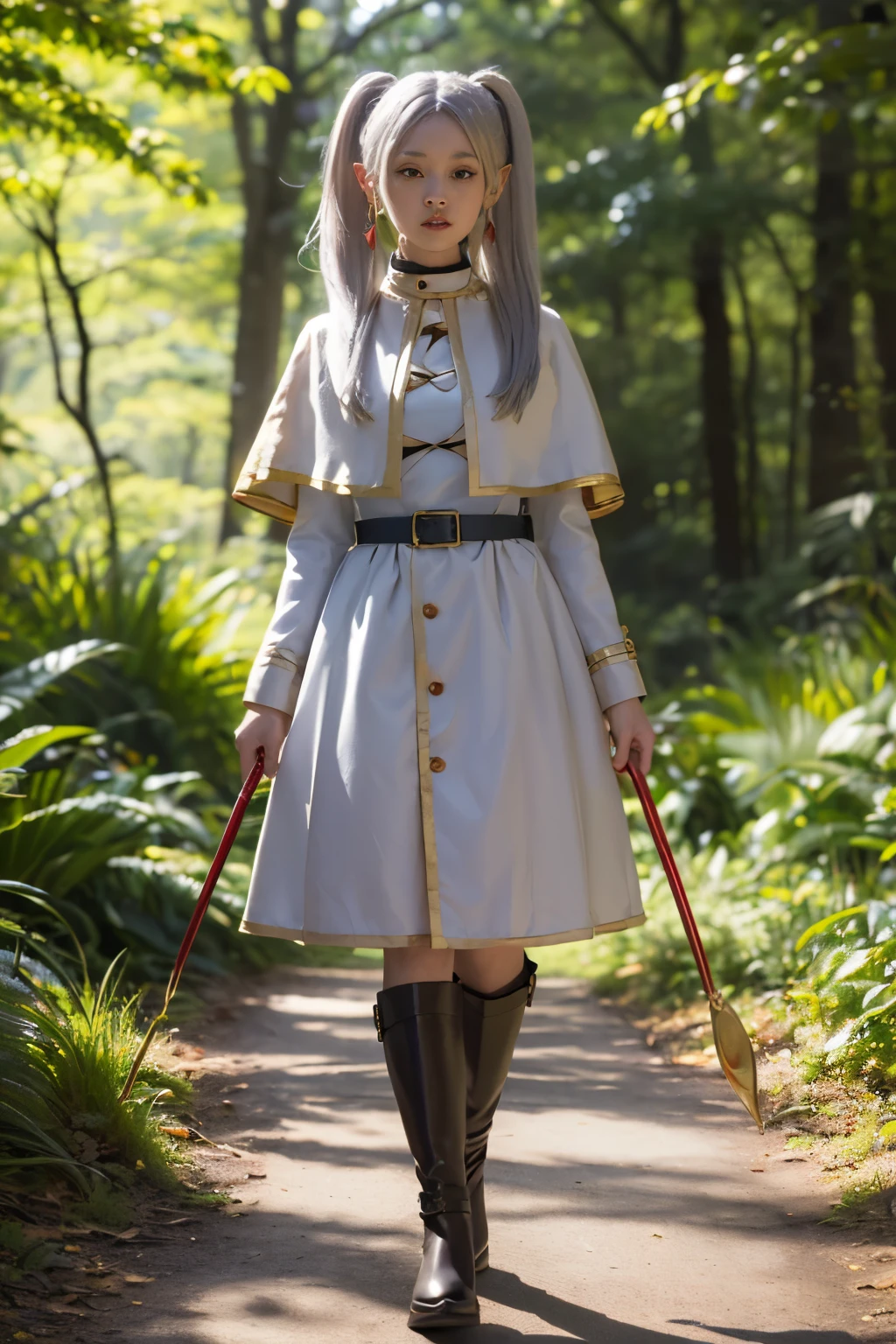 (masterpiece、The winning work 、Detailed young face:1.5)、(Forest Path:1.5)、(whole body:1.9)、( gray-blue twin tails:1.5)、( Complete anatomy、 accurate limbs in theaters、Accurate Fingers:1.5)、16k, 32K, Elf Ears、( viewers holding ladles:1.5)、 Freelen、( It's a robe-style dress based on white 。 The dress has gold decorations on the edges and cuffs 、 has luster and luster 。 I'm wearing a short cape in white and gold over the dress, too、 have buttons on the shoulders 。 I have a black belt wrapped around the waist 、 tightens the silhouette of the dress 。 The character wears black tights and 、 I'm wearing brown boots around my feet 。The boots have buckles and 、 It has a practical and stylish design 。Overall、 It's an elegant and functional outfit that matches a fantasy world 。)break, (Hold a straight magic wand:1.5、 and a characteristic red rod and gold decoration 。The tip of the cane has an overall gorgeous and mysterious design 、 has a golden half-moon decoration 、 in the center of it is a large Red jewels are inlaid 。 has a red ribbon wrapped around the gemstone 、 You can see yellow and red patterns on the end of the ribbon 。 The handle part of the cane is also decorated in gold 、Overall豪華で神秘的なデザインが施されています。This cane 、 it looks like an item used in magic or rituals 。)