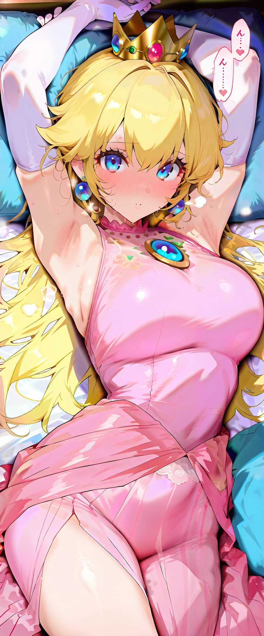 masterpiece, beautiful woman, adult female, cute, score_9, score_8_up , score_7_up , , rating_ general , 1girl , princess peach, pink dress, elbow gloves, crown, large breasts, source_anime, cowboy shot, full portrait, (slim, slender body, tight waist, toned body), (indoor, Aristocrat&#39;s Room, bedroom , Luxurious bed, dim), (full-face blush、speech bible:1.2), (lovely face, ecstacy, sweaty, be nervous, full blush), lovely hearts:1.4, throw, Sound effects:1.3, looking at viewer,  poorly drawn legs , Sweaty armpits, steam