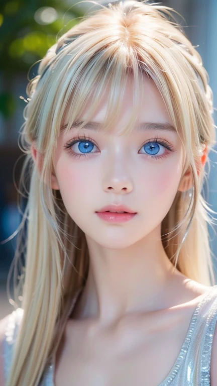 Dressed、(Photorealistic:1.4)、(ハイパーRealistic:1.4)、(Realistic:1.3)、(Smooth lighting:1.05)、(Improved cinematic lighting quality:0.9)、32K、1 Girl、Very cute expression、A beautiful 16 year old blonde girl、Realistic top lighting、Backlight、Face Light、super long platinum blonde silky hair、、Beautiful bangs、bangs over eyes、Ray tracing、(Bright light:1.2)、(quality improvement:1.4)、(Highest quality realistic textured skin:1.4)、Very beautiful detailed large shining light blue eyes、Very big eyes、Detailed face、A careful eye for quality、(Tired, sleepy and satisfied: 0.0)、Face close up、T-Shirts、(Enhances the body line:1.1)、(Enhances the beauty of skin texture:1.1)、Cheek gloss highlight、Small Face Beauty、Round face
