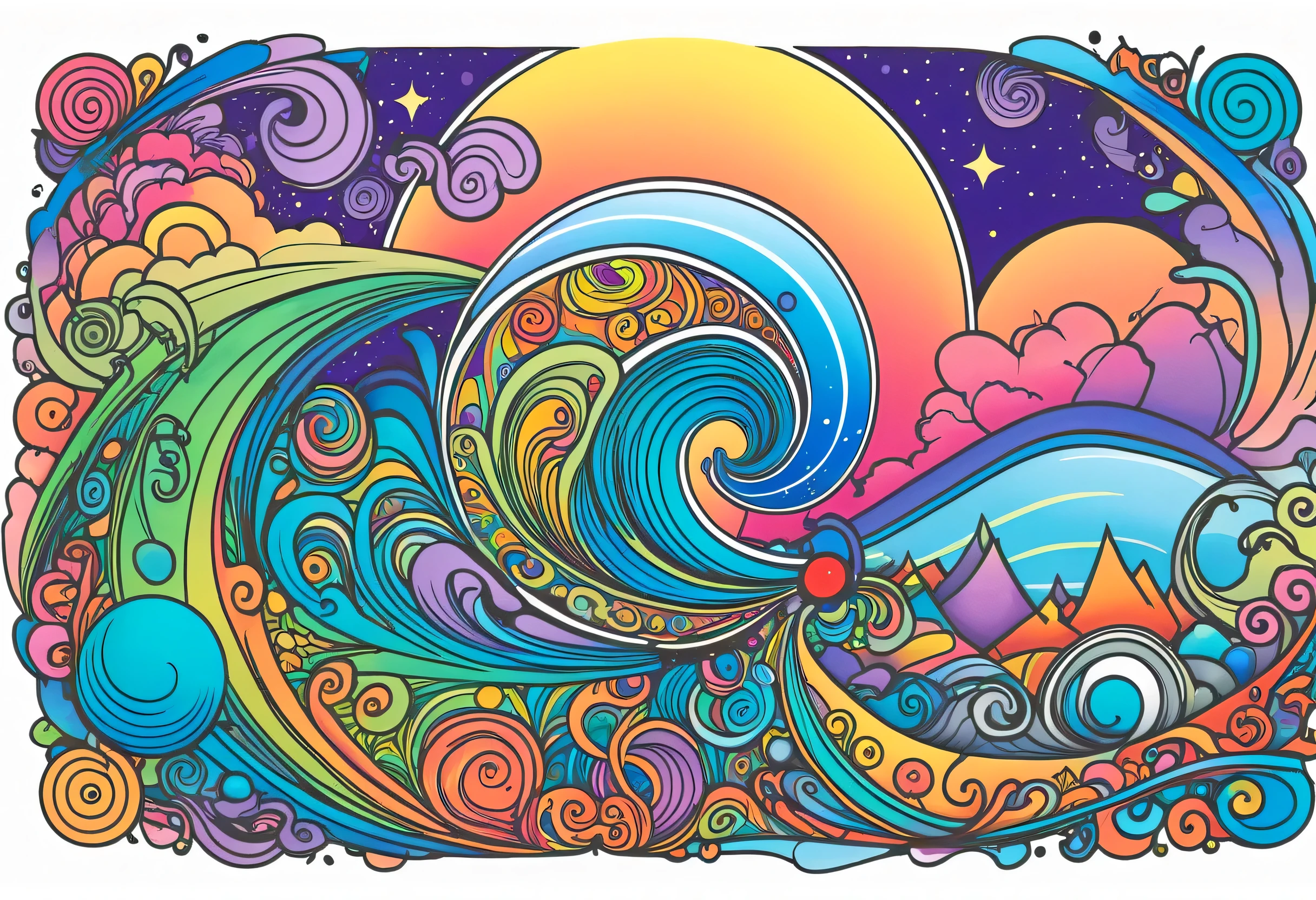 Colored line art, in a stylized frame, Random details , swirling scene , inspired , lsd tattoo design , Swirl, hand drawn, mystical Swirl,Abstract drawing