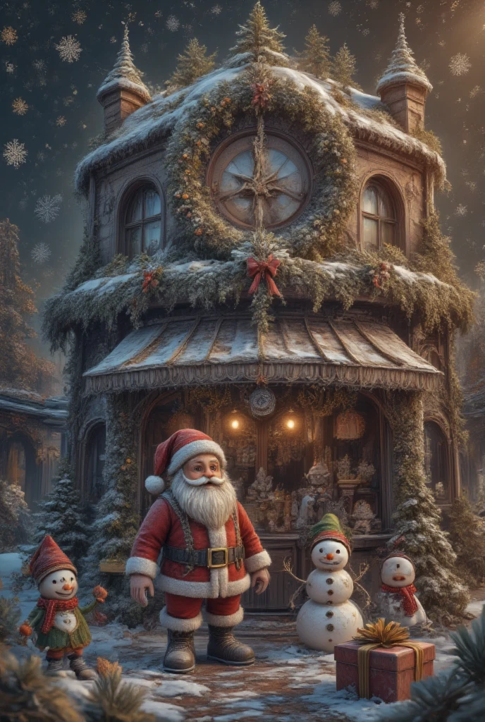 with "Merry Christmas",top view,surreal scene,Christmas,3D cartoon style,digital illustration of a rural,Christmas store,clear glass. Above it says:a huge logo surrounded by Snow. The sky is gold with snowflakes floating above the store,there is a cute Santa Claus in front of the store,elves and snowmen on the stage,and the poster has a dark gold background. There is a small gift box next to it,,3d,oc rendering,c4d,Christmas-scenery,ice-scenery,ice sculpture,ice style,made of ice,transparent,Made with clear candy