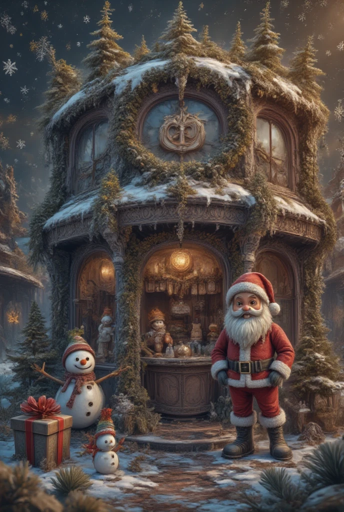 with "Merry Christmas",top view,surreal scene,Christmas,3D cartoon style,digital illustration of a rural,Christmas store,clear glass. Above it says:a huge logo surrounded by Snow. The sky is gold with snowflakes floating above the store,there is a cute Santa Claus in front of the store,elves and snowmen on the stage,and the poster has a dark gold background. There is a small gift box next to it,,3d,oc rendering,c4d,Christmas-scenery,ice-scenery,ice sculpture,ice style,made of ice,transparent,Made with clear candy