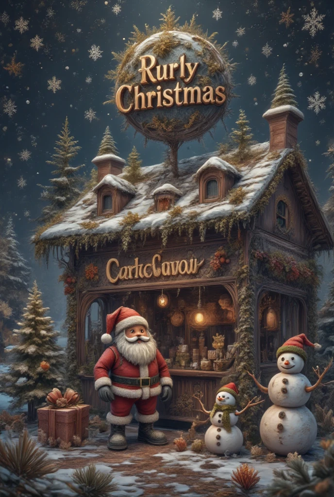 with "Merry Christmas",top view,surreal scene,Christmas,3D cartoon style,digital illustration of a rural,Christmas store,clear glass. Above it says:a huge logo surrounded by Snow. The sky is gold with snowflakes floating above the store,there is a cute Santa Claus in front of the store,elves and snowmen on the stage,and the poster has a dark gold background. There is a small gift box next to it,,3d,oc rendering,c4d,Christmas-scenery,ice-scenery,ice sculpture,ice style,made of ice,transparent,Made with clear candy