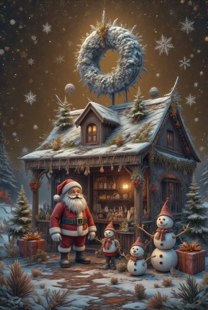 with "Merry Christmas",top view,surreal scene,Christmas,3D cartoon style,digital illustration of a rural,Christmas store,clear glass. Above it says:a huge logo surrounded by Snow. The sky is gold with snowflakes floating above the store,there is a cute Santa Claus in front of the store,elves and snowmen on the stage,and the poster has a dark gold background. There is a small gift box next to it,,3d,oc rendering,c4d,Christmas-scenery,ice-scenery,ice sculpture,ice style,made of ice,transparent,Made with clear candy