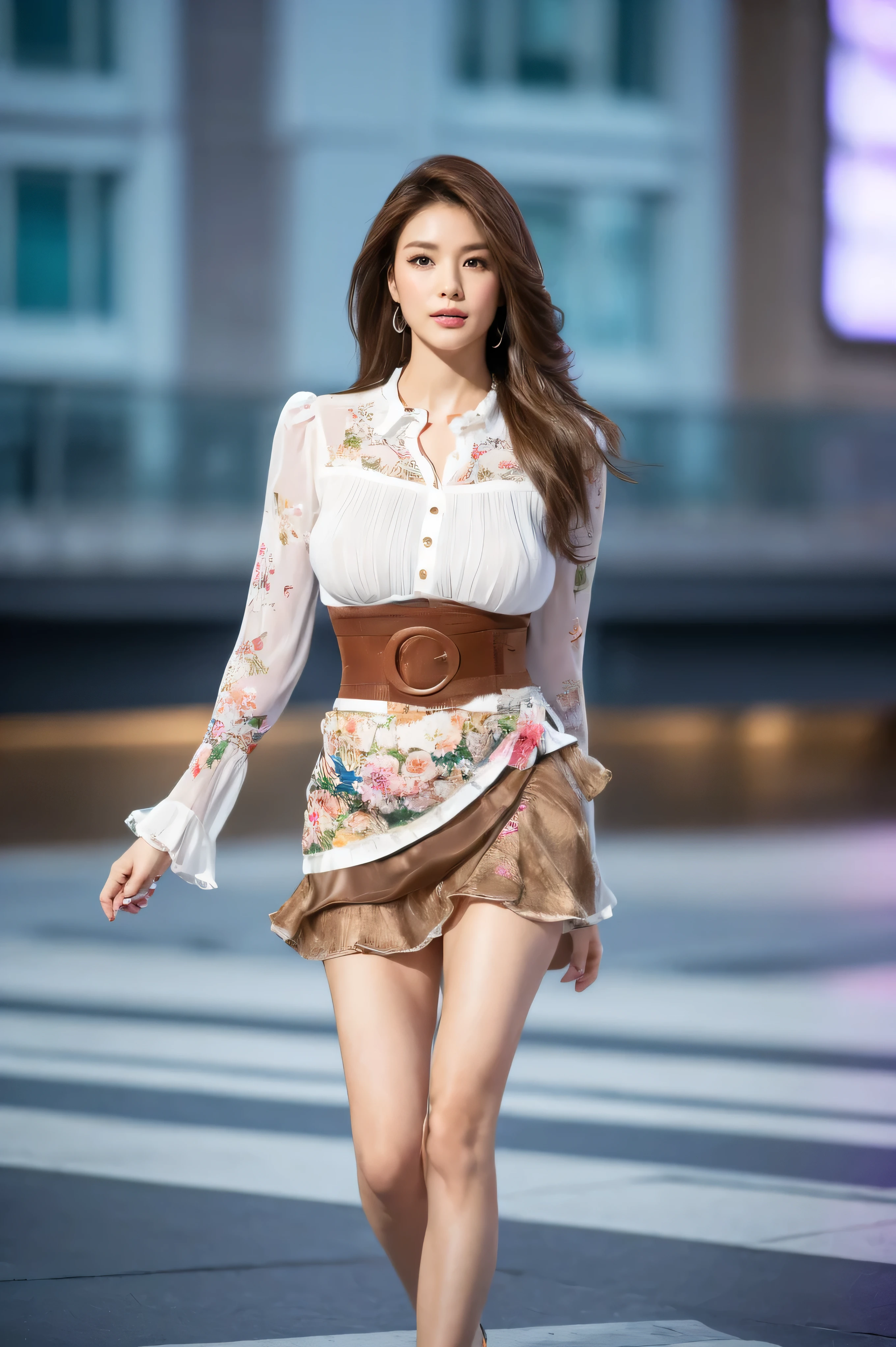 (( best quality 、 ultra high definition、Masterpiece、8k))、( Full Body Portrait )、( white ruffled silk blouse with collar、long sleeve, see-through sleeve、brown cuff )、( floral mini skirt :1.3)、 high heels、(Sit back and show off your beautiful legs )、( 1 girl)、 medium breasts、(delicate face、 Detailed Eyes and Faces 、double eyelids、 glossy lips)、 Moisturized Skin 、 Highly Detailed Face and Skin Textures、 2 Well-balanced Legs 、(( Complete anatomy、 anatomically correct))、Modern architecture at night on the background、 professional lights ,((Super long brown hair reaching to her waist:1.4)),((standing gracefully:1.6))