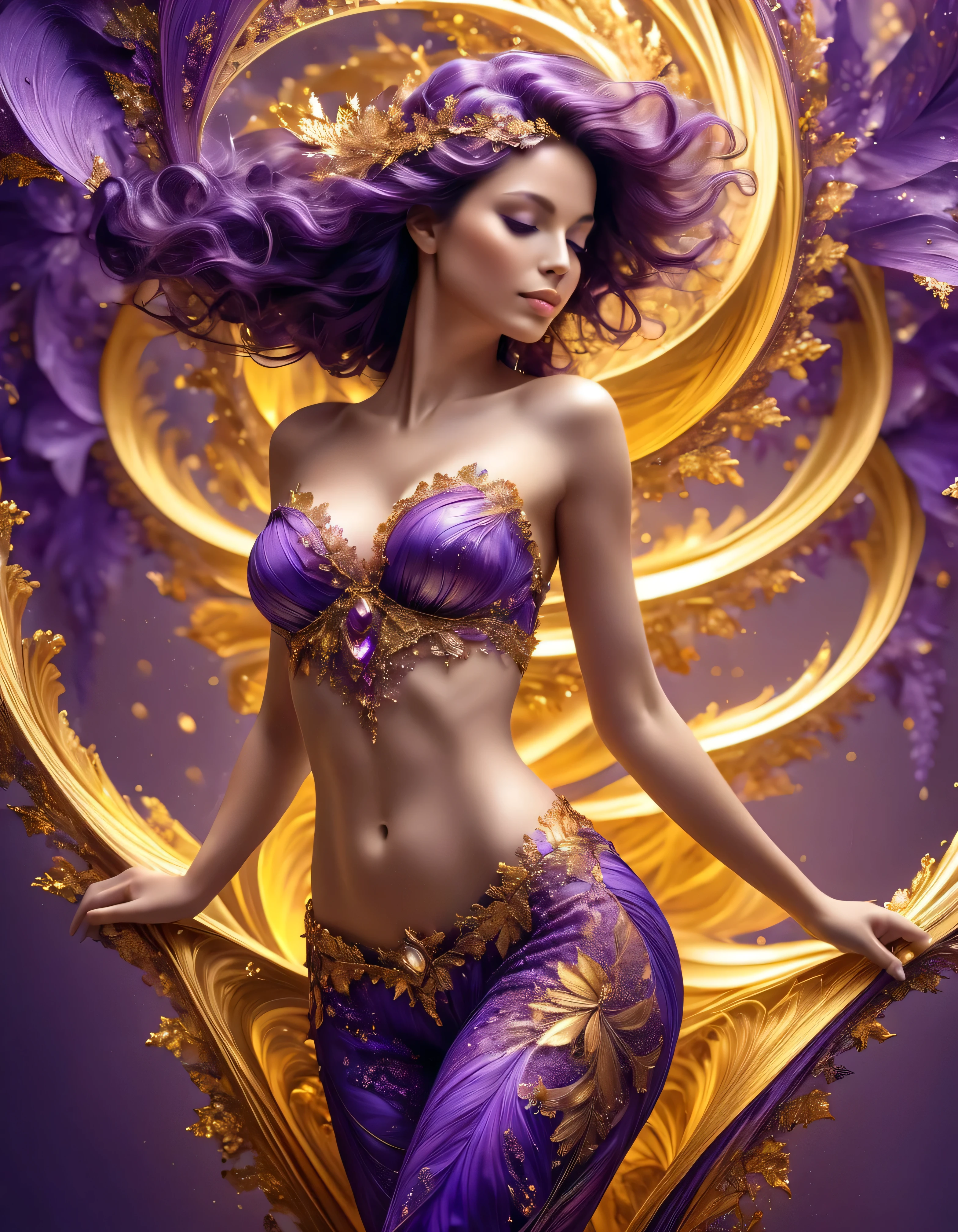  woman , made from purple and golden colors,hips, very detailed , realistic, realistic,studio photo, very detailed , dynamic , cinematic , masterpiece fails, intricate,HDR,abstract fractal,  romantic atmosphere, Award winning photo