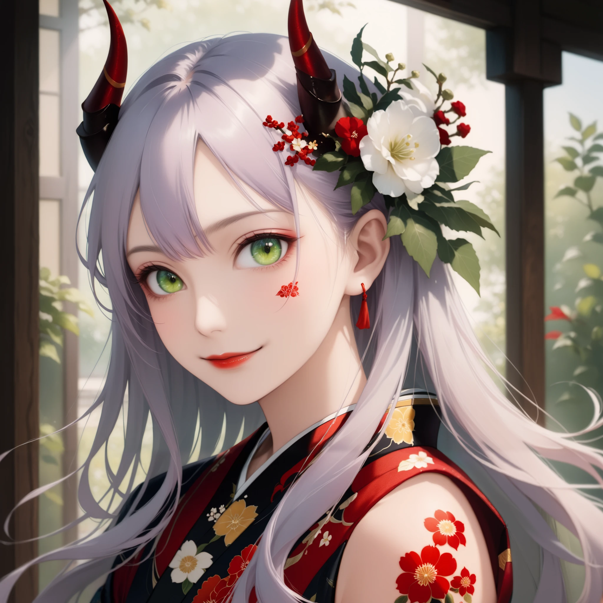 score_9, score_8_up, score_7_up, highly detailed beautiful face and eye, (1girl, portrait), 20years old, light green eyes, red lips, silver long hair, (red demon horns:1.4), (kimono, sleeveless), floral tattoo on the shoulder, (smile:1.1), Japanese ancient capital