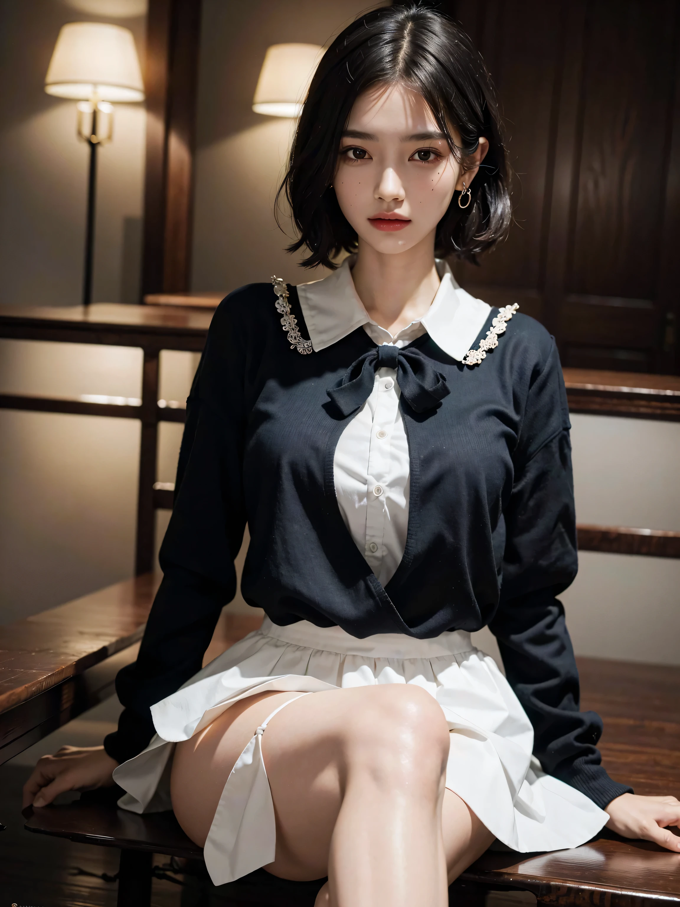(Hyper-realistic), (Illustration), (High resolution), (8K), (Extremely detailed), (Best Illustration), Yol ( chain saw man ), (Beautiful detailed eyes), (Best Quality), (Ultra-detailed), (masutepiece), (Wallpaper), (Detailed face), Solo, Upper body, Focus on Face, 1 girl, Long Black Hair, Korean, Thin eyeshadow, A detailed eye, Brown eyes, Small moles under the eyes, very slender legs,Please wear a long-sleeved shirt, Neckbow, Small breasts,Smaller chest,Black knee socks, Dynamic Pose, low illuminance, Night, Dark, Clouds, a dark night,sit on sofa,Happy,White panty,White bra,