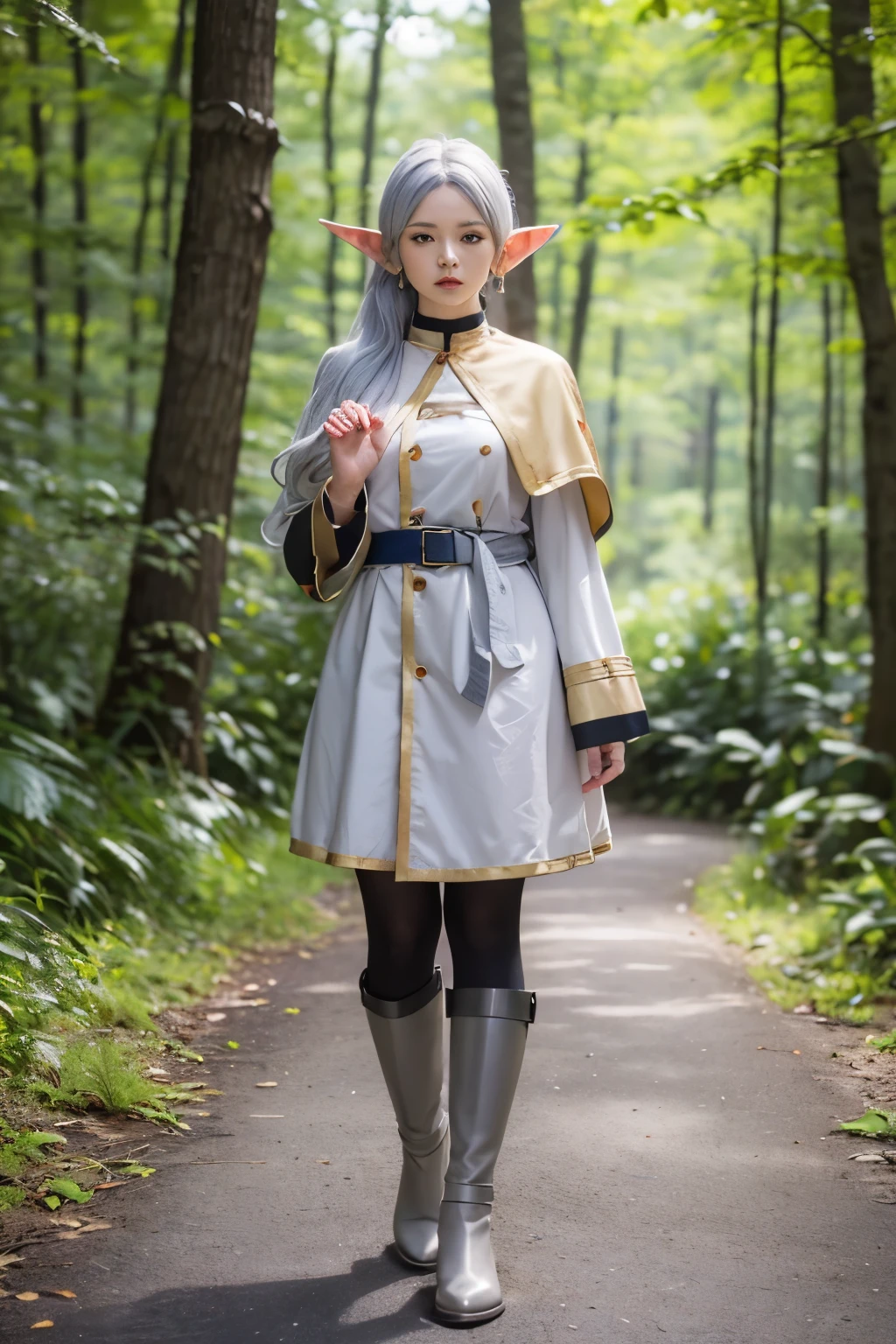 (masterpiece、The winning work 、 detailed face :1.5)、(whole body:1.5)、16k, 32K, Elf Ears、( spread both hands、 grey-blue hair :1.5)、Staring into the woods 、 Freelen is attracting attention 。( It's a robe-style dress based on white 。 The dress has gold decorations on the edges and cuffs 、 has luster and luster 。 I'm wearing a short cape in white and gold over the dress, too、 have buttons on the shoulders 。 I have a black belt wrapped around the waist 、 tightens the silhouette of the dress 。 The character wears black tights and 、 I'm wearing brown boots around my feet 。The boots have buckles and 、 It has a practical and stylish design 。Overall、 It's an elegant and functional outfit that matches a fantasy world 。)
