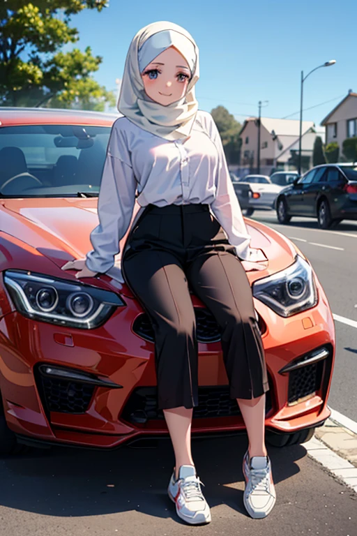 anime style, A beautiful girl wearing a neat hijab and wearing a headscarf, sitting on the hood of a sports car, ideal body shape, wearing a neat hijab, long shirt, trousers, with white sneakers, with a smiling expression, how many in the suburbs crowded, with clear and bright skies in the morning