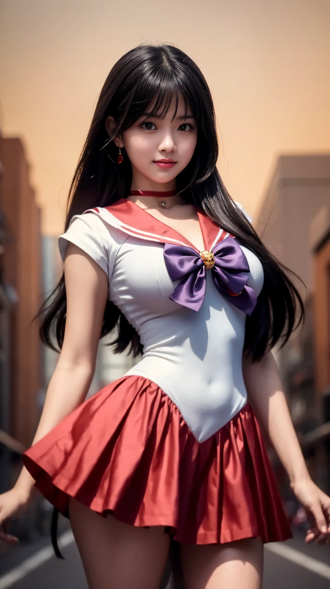 A masterpiece, high quality, A realistic depiction of a young woman with long black hair, bangs, body from head to thigh, wearing sailor-style clothing inspired by the anime Sailor Mars. The outfit includes a white top with a red sailor collar, a large purple bow on her chest, and a super short red pleated skirt, long white gloves, gloves up to the elbows (with red tips). A very beautiful Japanese woman, sweet smile, thin smile, sparkling red lips, beautiful eyes, red eyes, large red pupils, full body, slightly chubby, firm full stomach, Indian stomach, large breasts, firm breasts, large waist, large thighs, chubby body, sweet black skin, Indonesian skin. Red necklace (golden pearl in the middle of the necklace), small golden tiara on the forehead. She stands looking at the camera, striking a sexy pose, an elegant pose. She stands in the middle of a modern city street with tall buildings in the background (faintly), professional lighting. The overall style is detailed and photorealistic, with a focus on capturing the character's charm. Photorealistic, Best image quality, professional.