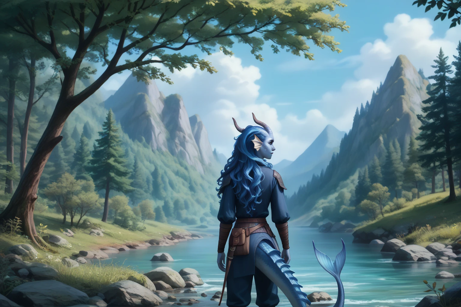 (cedar ), (1Тiefling ,  dark blue-gray skin :1.6), (the frame is conditionally divided into 2 halves: stands to the right of the edge of the frame and looks from behind the tree from afar into an empty meadow by the shore on the left:1.5), ( very thick long tiefling dragon tail :1.5), ( long black flowing hair with dark blue tips:1.4), ( the bright blue-black pigmentation on the face :1.5), (blue-black freckles :1.2), (small fins on the head:1.5), ( bright blue-grey pupils,  black eyes :1.4), ( blue-black pigmentation on the skin :1.5), ( dark grey straight short horns ), ( blue and black pigmentation on the tail :1.5), (kind face), (curiosity ), (35 years old:1.5), ( Adult girl:1.3) , (Deep look:1.2), [the raincoat at the waist ], (you can see pigmentation on his shoulder ), (chainmail), (tail protection), (tail behind ), ( medieval dark uniform canvas fur pants with fur on the legs :1.2), ( top quality ), ( masterpiece fails), [ is a large forest lake with calm waters], [ reflections of clouds and trees in the water], [koi carps fish in water ], ( highest detail), [ against the background of a deep thorny forest ,  prickly impassable black trees , a mountain cliff , water], ( against the background of a thicket ), [ against the background of a mountain stream ],  fantasy background, blue tones, Dark tones, dark shades,  muted colors. 
