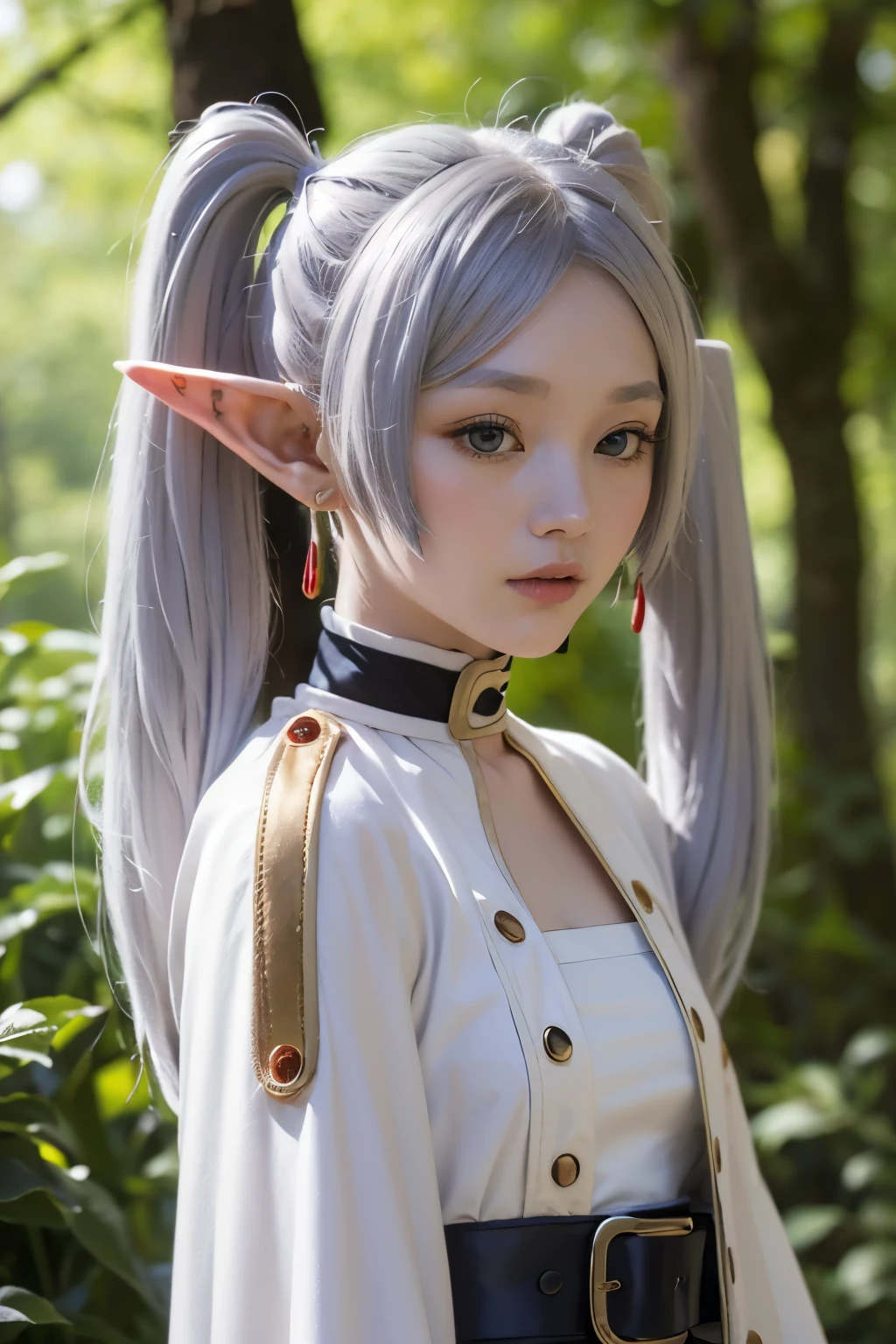 (masterpiece、The winning work 、Detailed young face:1.5)、( Complete anatomy)、(whole body:1.5)、16k, 32K, Elf Ears、( grey-blue hair 、 Twin Tails:1.5)、 in the woods、( viewers holding ladles)、 Freelen is attracting attention 。( It's a robe-style dress based on white 。 The dress has gold decorations on the edges and cuffs 、 has luster and luster 。 I'm wearing a short cape in white and gold over the dress, too、 have buttons on the shoulders 。 I have a black belt wrapped around the waist 、 tightens the silhouette of the dress 。 The character wears black tights and 、 I'm wearing brown boots around my feet 。The boots have buckles and 、 It has a practical and stylish design 。Overall、 It's an elegant and functional outfit that matches a fantasy world 。)