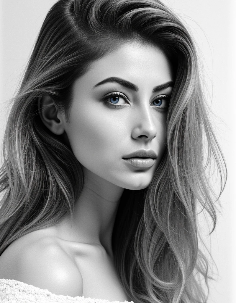 A hyper-detailed charcoal sketch of a beautiful girl with long, flowing hair cascading over her shoulders, piercing blue eyes, delicate and refined facial features, a serene and calm expression. The sketch showcases soft skin illuminated by natural lighting with dramatic shadows accentuating her features. The monochrome artwork highlights high contrast, visible charcoal texture, and an elegant, atmospheric tone. Rendered with the best quality, 4k resolution, ultra-detailed, photorealistic, and refined craftsmanship