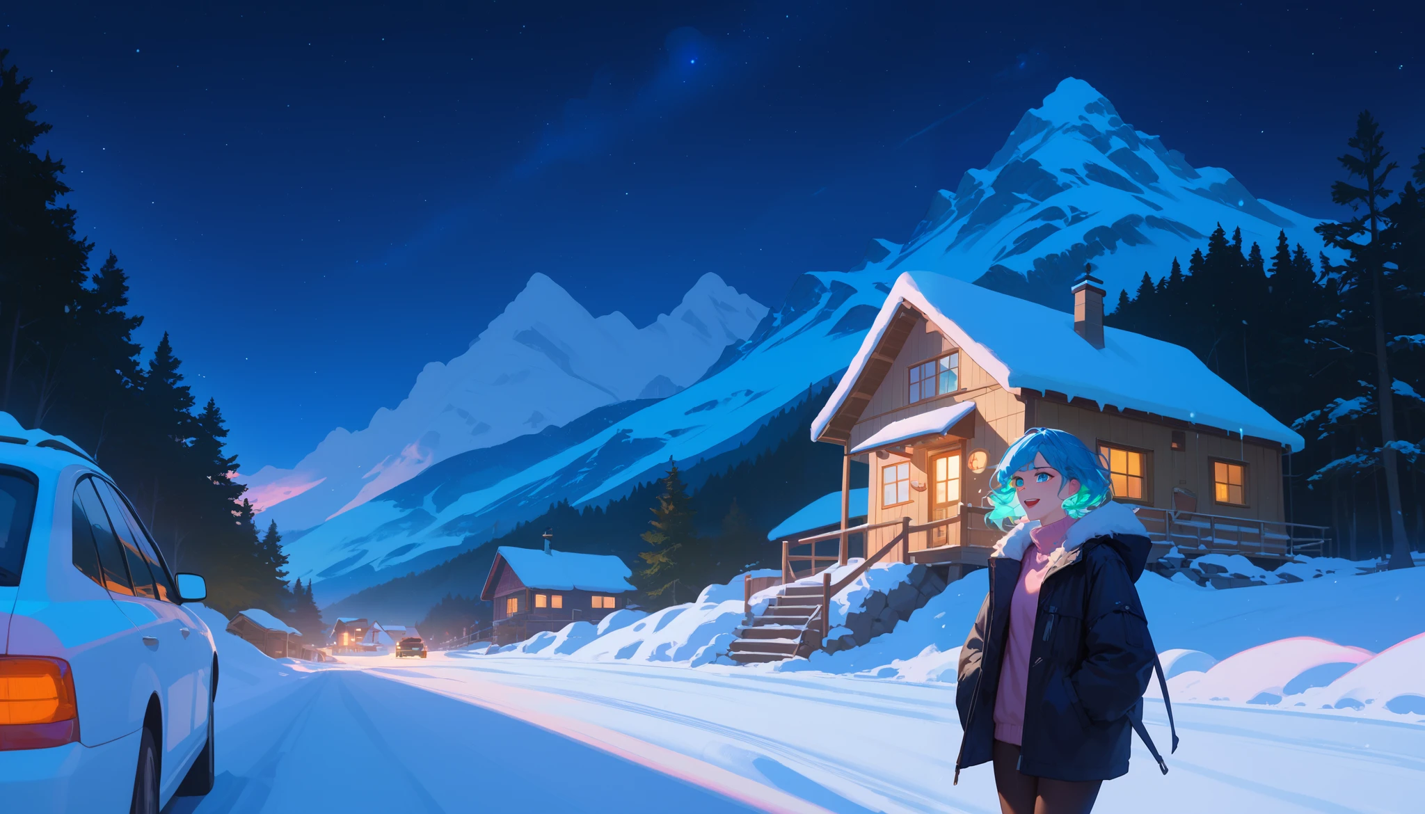 "An anime-style woman with blue eyes and pastel blue hair sits inside an off-road car parked on a snowy mountain trail under a starry night sky. She wears a practical black jacket, her excited expression reflecting the thrill of the journey. Outside, the distant glow of a small cabin and the faint outline of snow-covered peaks add to the sense of adventure. The scene features crisp details, vibrant colors, and a bright, hopeful ambiance."
