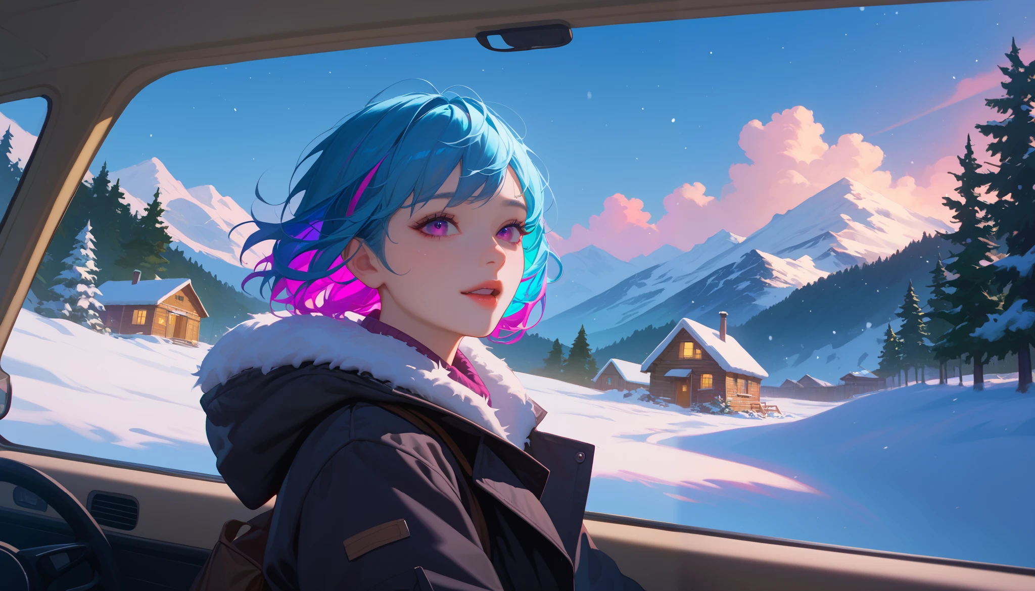 "An anime-style woman with violet eyes and pastel blue hair sits inside an off-road car parked on a snowy mountain trail under a starry night sky. She wears a practical black jacket, her excited expression reflecting the thrill of the journey. Outside, the distant glow of a small cabin and the faint outline of snow-covered peaks add to the sense of adventure. The scene features crisp details, vibrant colors, and a bright, hopeful ambiance."