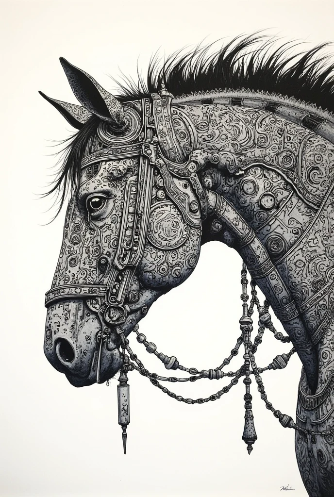 Horse from the Side , Sacred Geometric Mask Decoration , This is an ultra-detailed painting inspired by Lotte Reiniger,  ukiyo-e,   Delicate ink drawing details  ,  EXTRA FINE INK DETAILS  ,   graphic details  ,  Inked Paintings  , Detail shot,  beautiful self-brilliance ,  Black and White Airbrush Paintings  , Takato Yomamoto