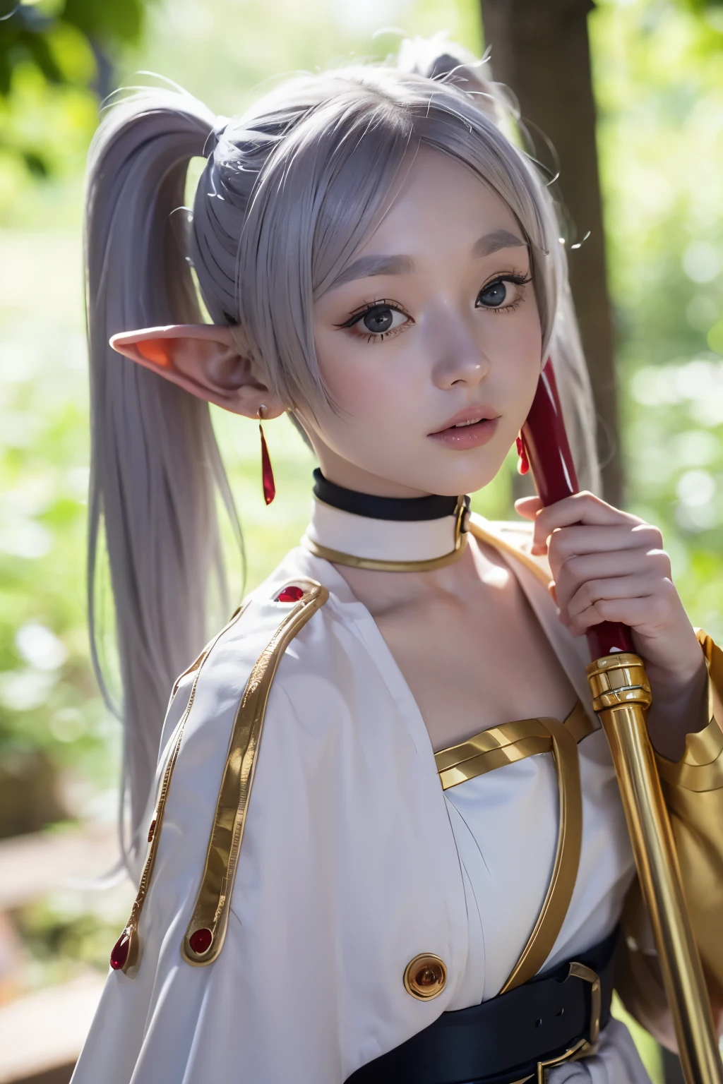 (masterpiece、The winning work 、Detailed young face:1.5)、(whole body:1.5)、( gray-blue twin tails:1.5)、16k, 32K, Elf Ears、Staring into the woods 、 Freelen is attracting attention 。( It's a robe-style dress based on white 。 The dress has gold decorations on the edges and cuffs 、 has luster and luster 。 I'm wearing a short cape in white and gold over the dress, too、 have buttons on the shoulders 。 I have a black belt wrapped around the waist 、 tightens the silhouette of the dress 。 The character wears black tights and 、 I'm wearing brown boots around my feet 。The boots have buckles and 、 It has a practical and stylish design 。Overall、 It's an elegant and functional outfit that matches a fantasy world 。)break, (Hold a straight magic wand:1.5、 and a characteristic red rod and gold decoration 。The tip of the cane has an overall gorgeous and mysterious design 、 has a golden half-moon decoration 、 in the center of it is a large Red jewels are inlaid 。 has a red ribbon wrapped around the gemstone 、 You can see yellow and red patterns on the end of the ribbon 。 The handle part of the cane is also decorated in gold 、Overall豪華で神秘的なデザインが施されています。This cane 、 it looks like an item used in magic or rituals 。)