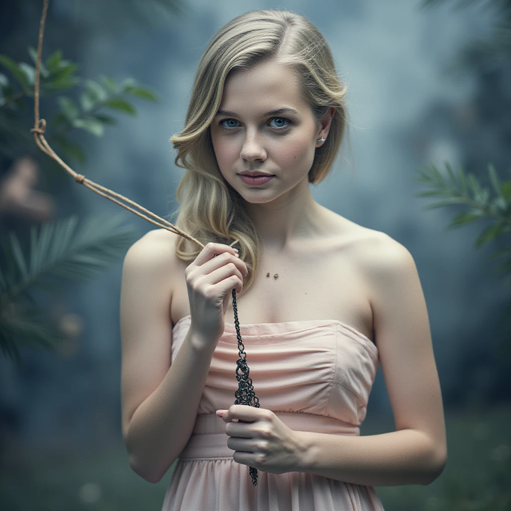 Angourie Rice, in a strapless dress, holding a chained pendant in one hand, hypnotizing 