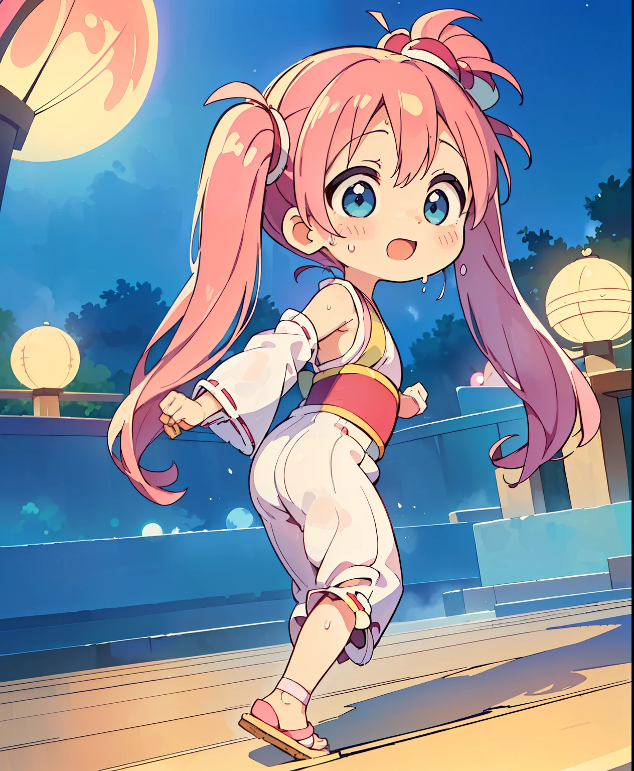 (Masterpiece、 top quality 、 top quality 、 Official Art、 beautiful beautiful:1.2)、(1 person:1.3) Hatsune Miku 、 Twin Tails, beautiful breasts, best quality 、 High Resolution 、 detailed background、 beautiful face down to the smallest detail 、 anatomically correct、 detailed expressions 、fine grain、(( full body, the above, side shot )), break (( one girl outside running:1.2)、(Chibi Girl:1.2))、Cute hair color、 big, beautiful blue eyes 、Fuller lips、 pink lips、編み込みの Twin Tailsを見る、stupid hair、(I'm dancing at the summer Bon Dance Festival :1.2)、(cute yukata 、Cute sandals)、break (( place one arm above your head :1.2、 stretch one arm horizontally to the side :1.2、(Sounds like a lot of fun 、 laughing out loud :1.2、sweat))、break ( The background is a shrine at night 、Bon dance competition 、 A lot of people wearing yukata are dancing in a row、 full moon)