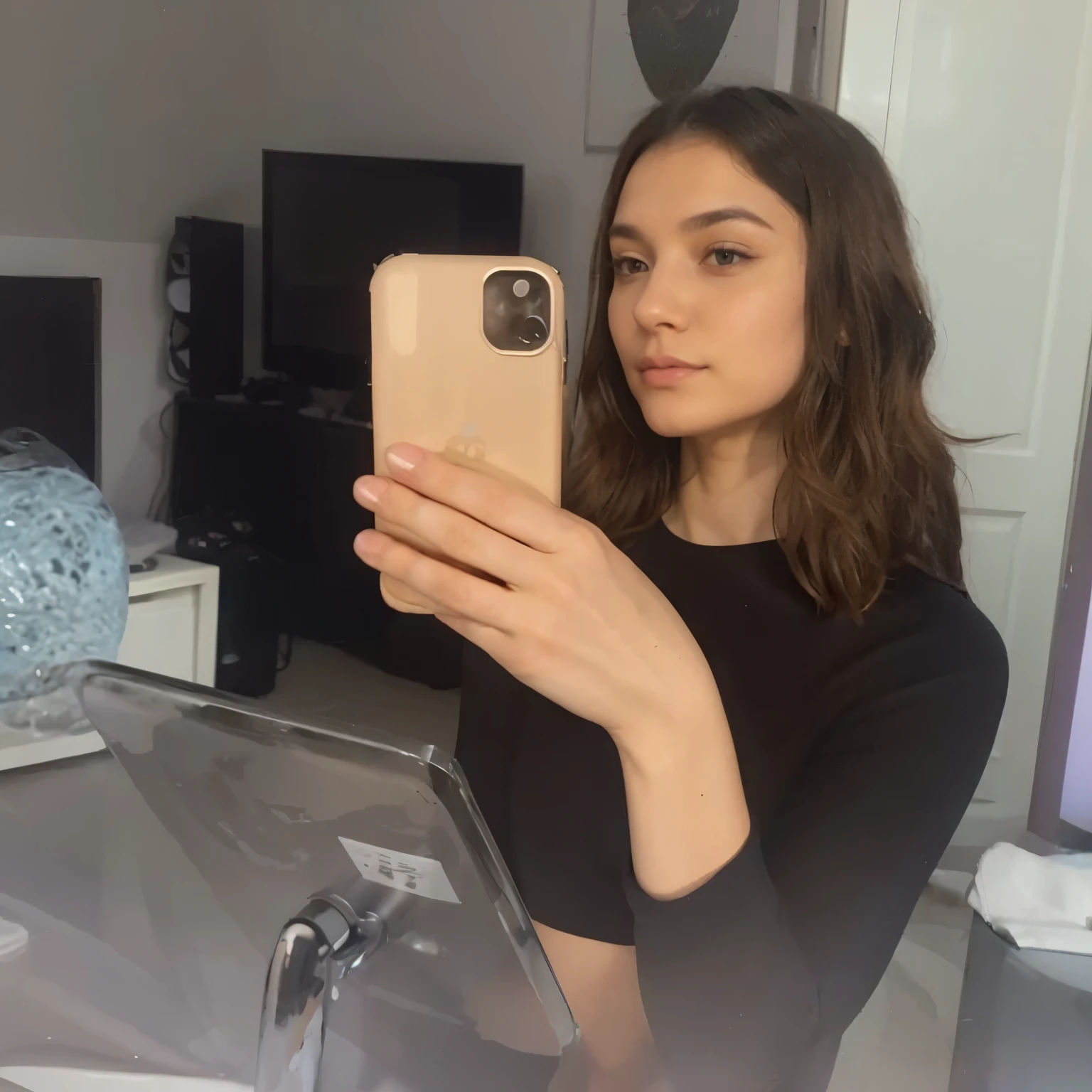 there is a woman taking a selfie in a mirror, greasy hair, frizzy hair, in her hair, messy curly hair, hair is the focus, her hair is in a pony tail, curly hair, a black man with long curly hair, her hair is white, text and a pale young woman, her face framed with curls, tessa thompson inspired, Big tits, huge tits , no clothes, sexy, cute, minimal clothes, thick, bbw, chubby stomach, thick nipples, nipple piercings, large areola, hard nipples, piercing through shirt, nipples hard through shirt, busty, major cleavage, naked, ripping through top, spilling over sides, bra too tight, giant , extra wide hips, upper body zoom in, showing off huge , fat stomach, see through top, fat bbw, large areola showing, major cleavage, latina, down to stomach, wide hips, sexy, upper body zoom, thick arm, showing off , top half only, showing only upper, only a bra, showing off cleavage, naked, big showing, big out, no clothes