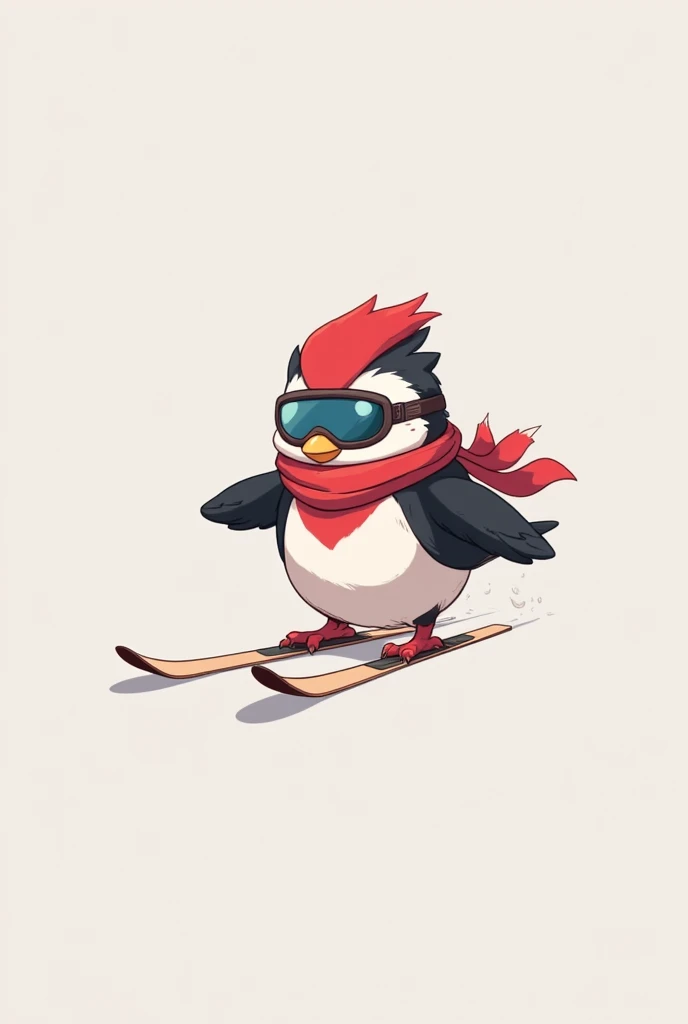 Winter sports mascot .  Minimalism mascot styling. sportsивный снегирь на лыжах в шарфе и дыжных очках. Simple mascot without background . cartoon. sports