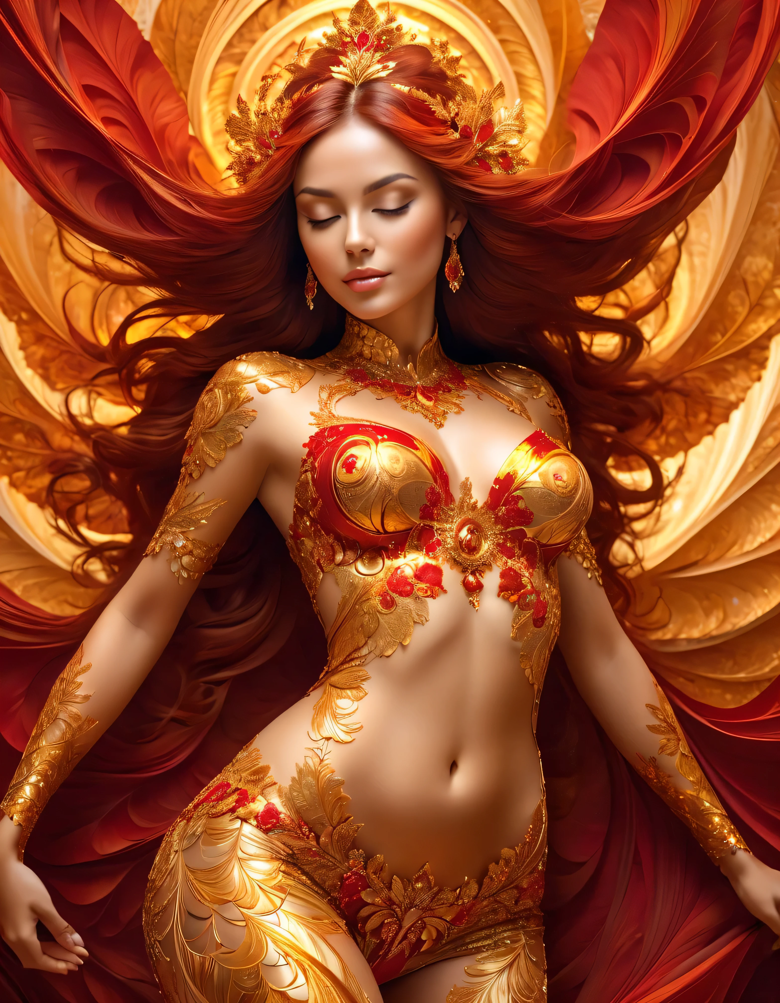 woman , made from red and golden colors,hips, very detailed , realistic, realistic,studio photo, very detailed , dynamic , cinematic , masterpiece fails, intricate,HDR,abstract fractal, romantic atmosphere, Award winning photo