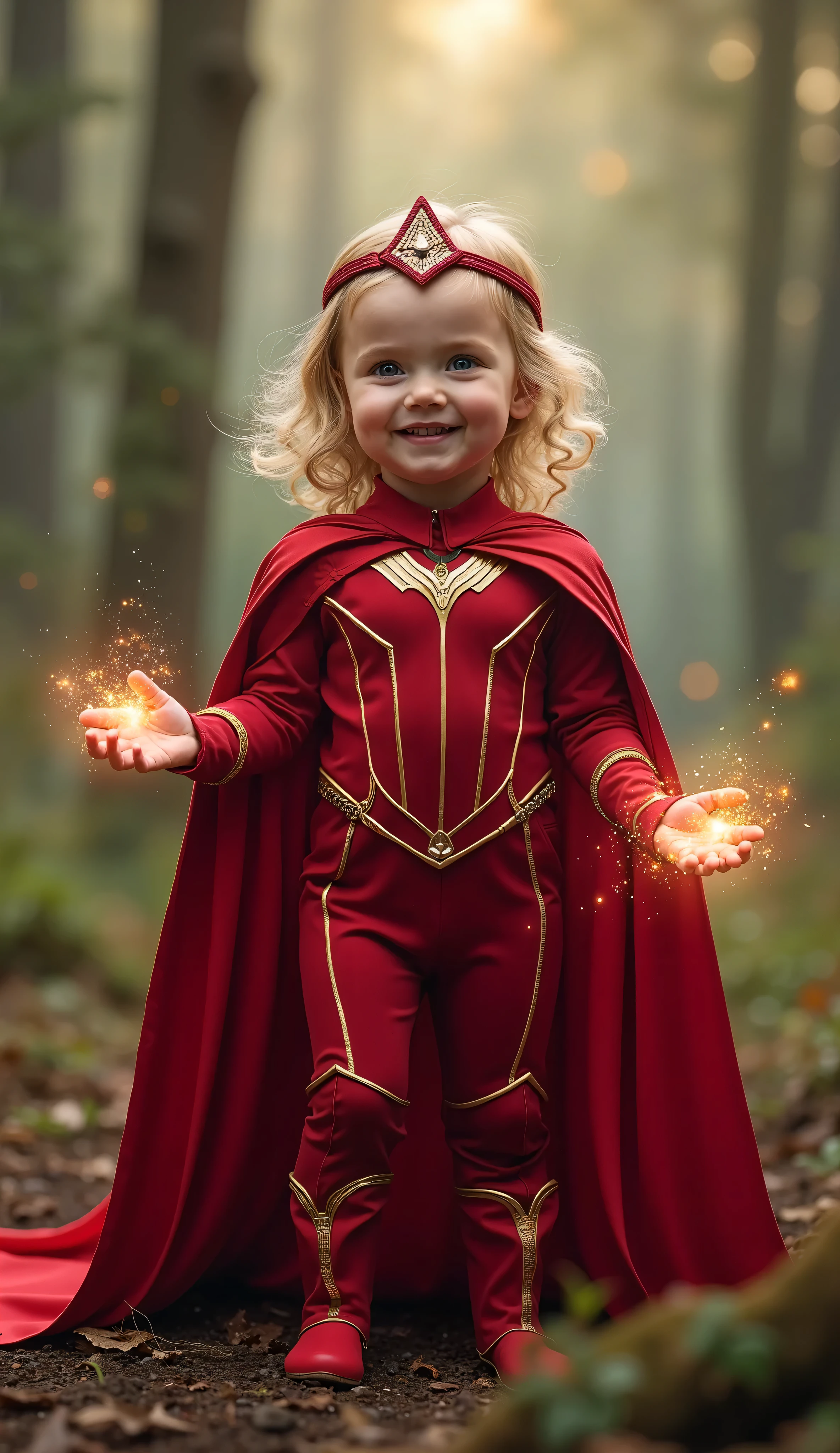 One Little Girl，age 5，Realiy，adolable，Put on the costume of the Scarlet Witch，combat scene，Launch skills