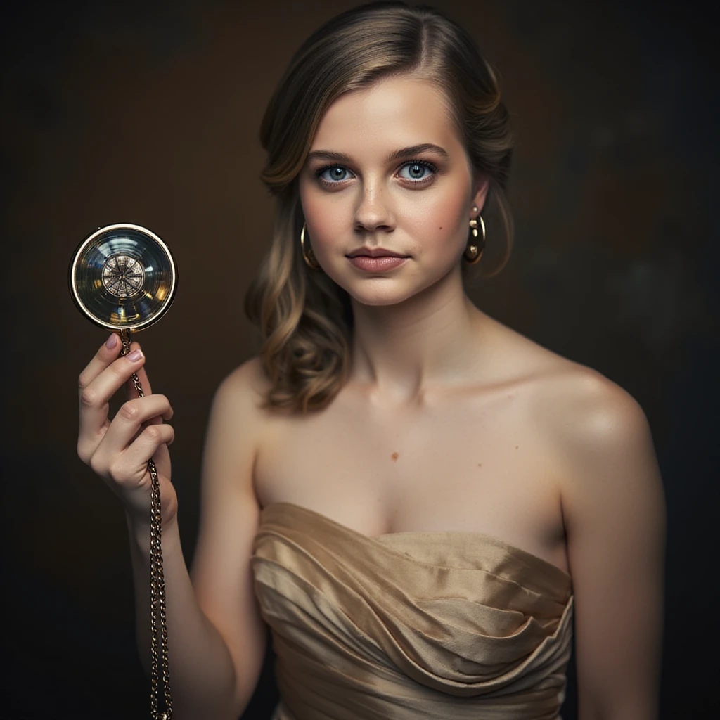 Angourie Rice, in a strapless dress, holding a chained round pendant in one hand, hypnotizing 